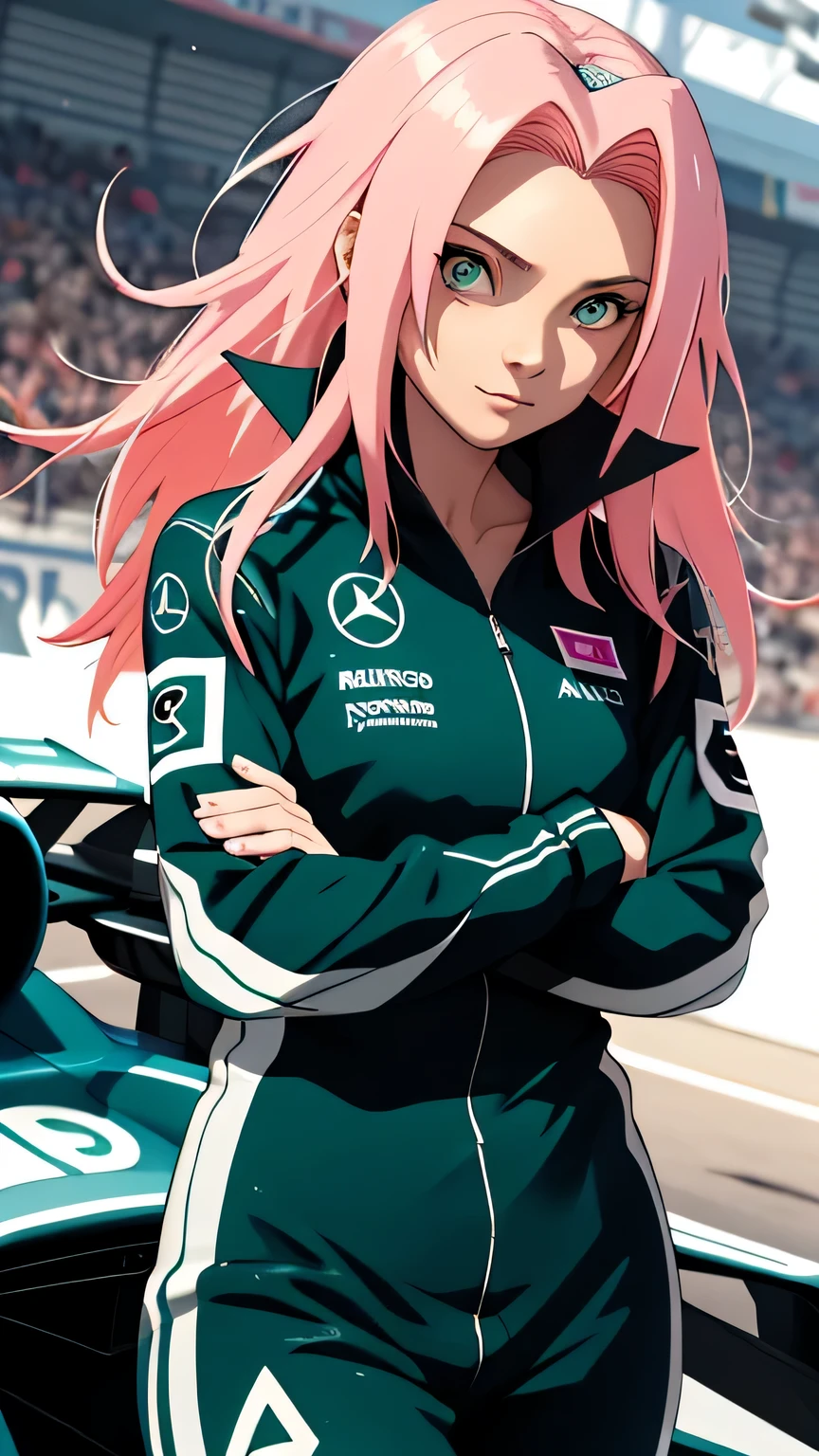 tmasterpiece, Best quality at best, 1girll, Sakura Haruno,Raised sexy,is shy,ssmile,with pink hair, long whitr hair, (Green eyeballs:1.4), Forehead protection, Pole Position, standing inside of her race car, anime style, bright colors, dynamic lighting, shiny finish, attention to detail, wearing full black with teal line f1 suit, in behind full silver with teal line f1 car, petronas sponsor, mercedes logo, exciting atmosphere, race helmet on the car, vivid expressions