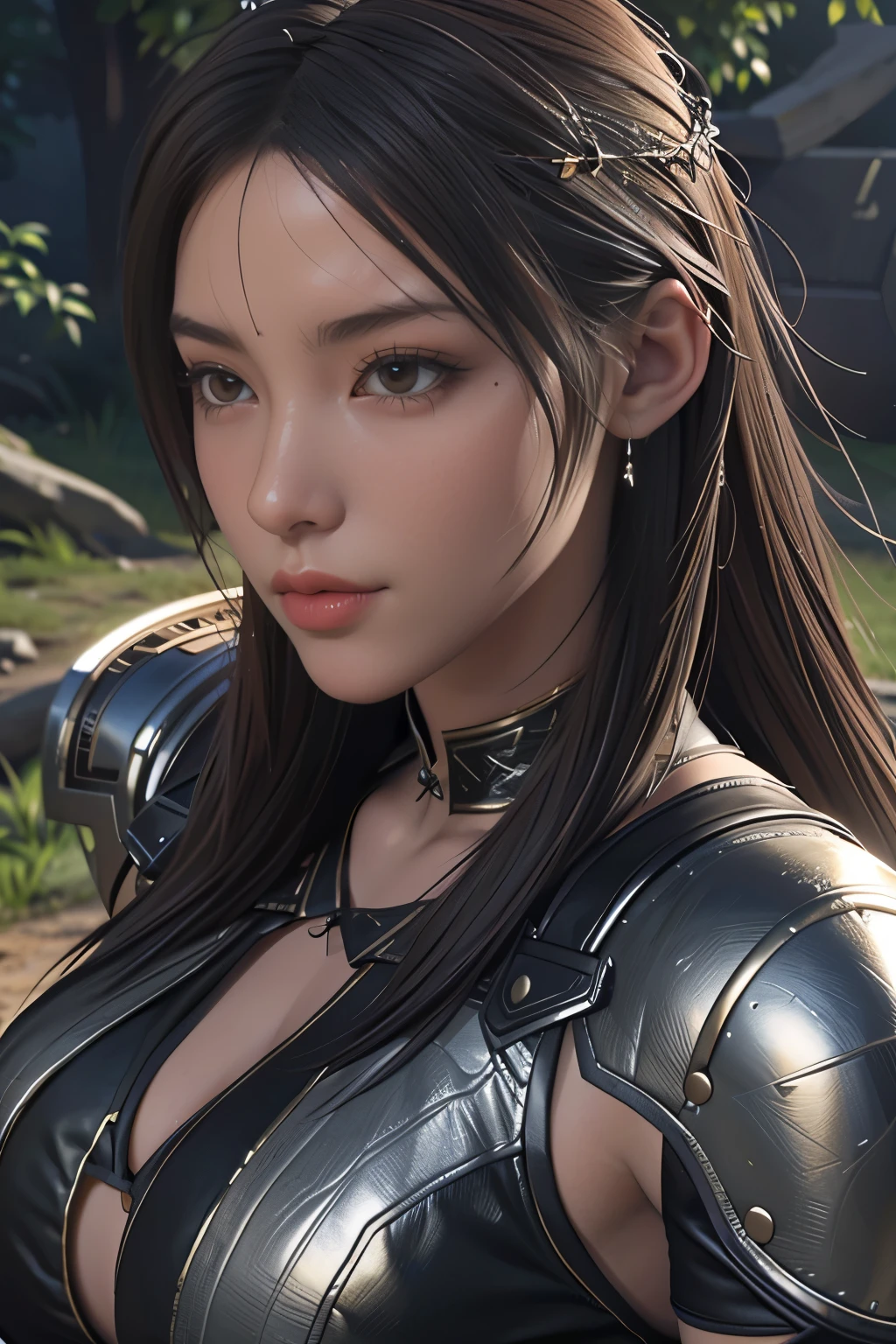 Game art，The best picture quality，Highest resolution，8K，(A bust photograph)，(Portrait)，(Head close-up)，(Rule of thirds)，Unreal Engine 5 rendering works， (The Girl of the Future)，(Female Warrior)， 
20-year-old girl，((Hunter))，An eye rich in detail，(Big breasts)，Elegant and noble，indifferent，brave，
（Medieval-style fur combat clothing，Glowing magic lines，Animal skin clothing with rich details），Medieval Lady Knight，Medieval ranger，
photo poses，simple background，Movie lights，Ray tracing，Game CG，((3D Unreal Engine))，OC rendering reflection pattern