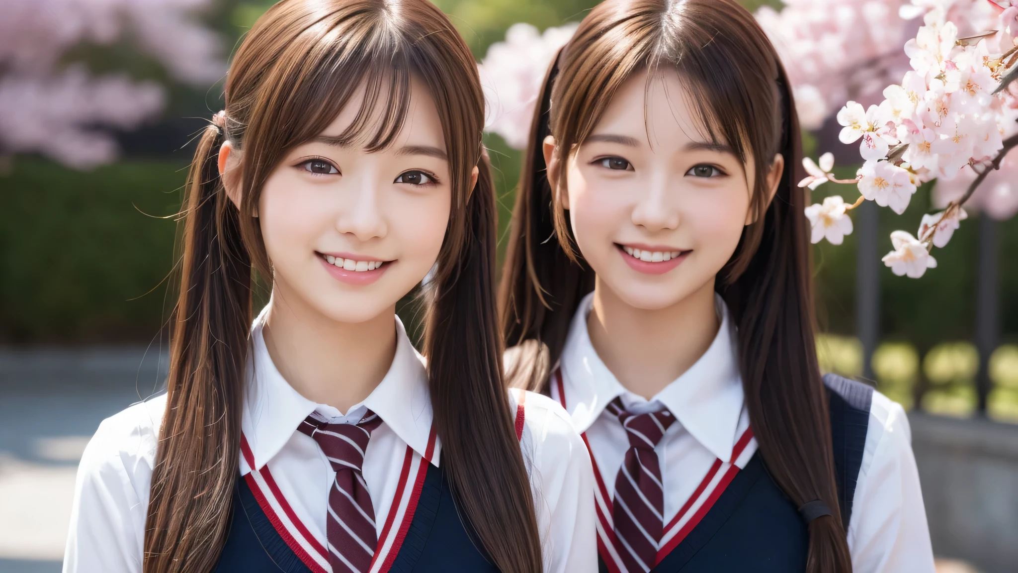 (1girl), twintails, cute smile, brown eyes, (highly detailed Beautiful face), (high school uniform:1.2), (Best Quality), (extremely detailed CG unified 8k wallpaper), Highly detailed, High-definition raw color photos, Professional Photography, Realistic portrait, evening, Extremely high resolution, smiling, cherry blossoms,