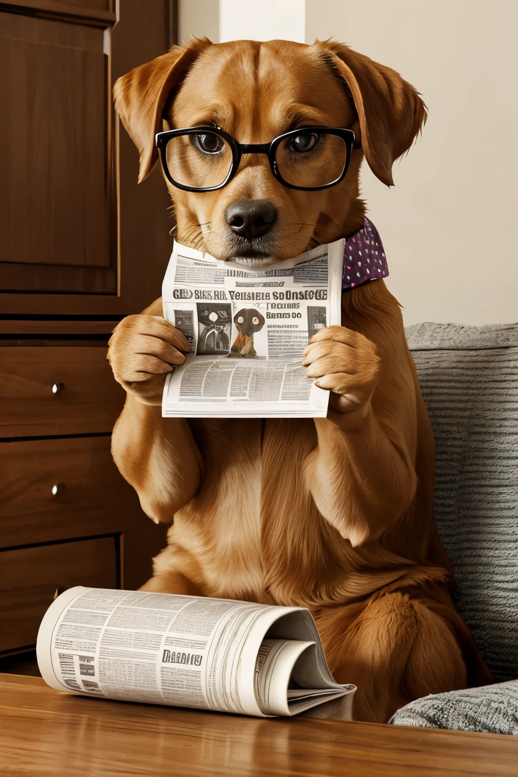 Sharpey dog holding a coffee mug, the dog wears glasses and reads a newspaper