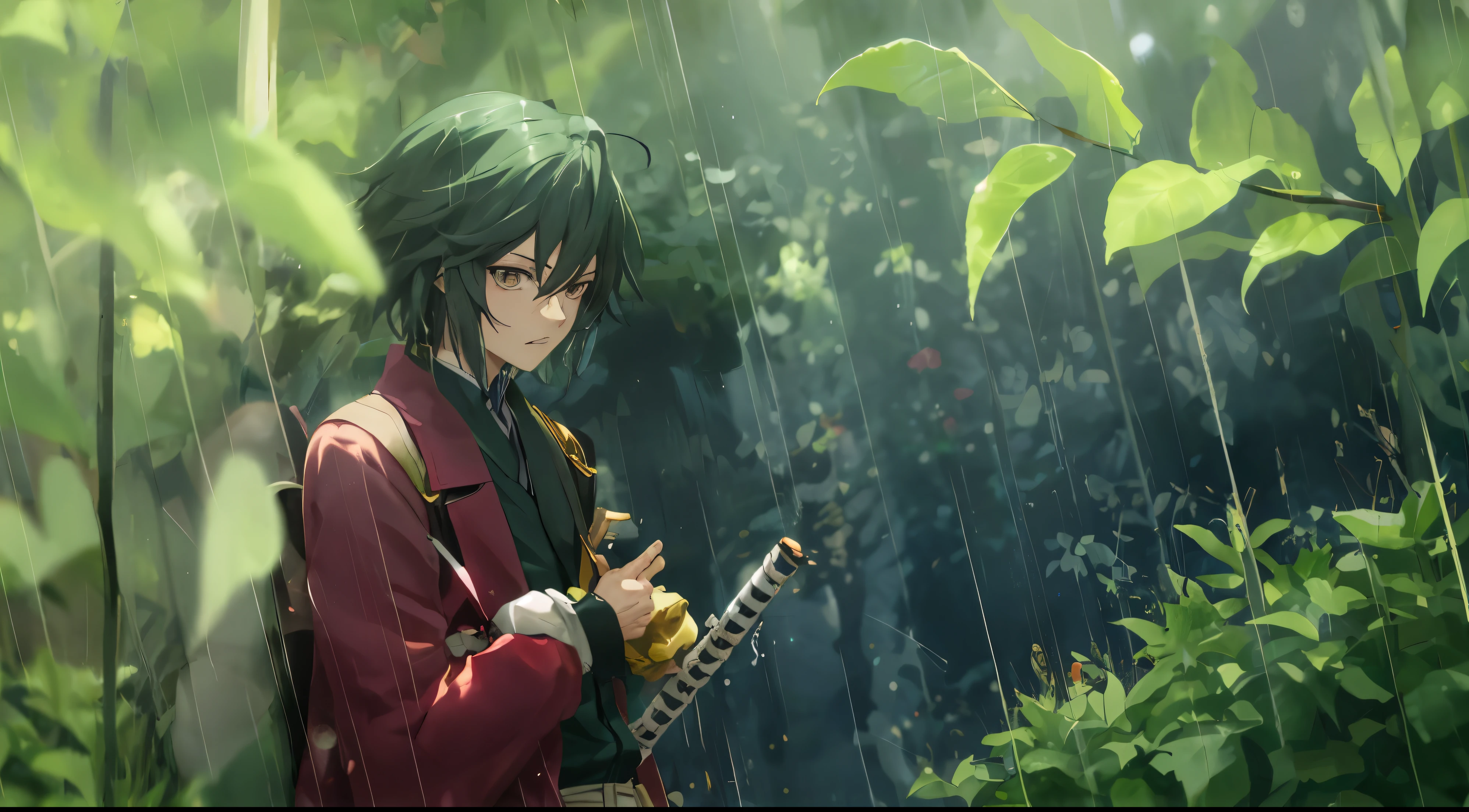 there is a anime boy named tomioka giyu, anime demon slayer, motion blur, glowing light, reflection light, blending, drop shadow, textured skin, super detail, highres, 8k