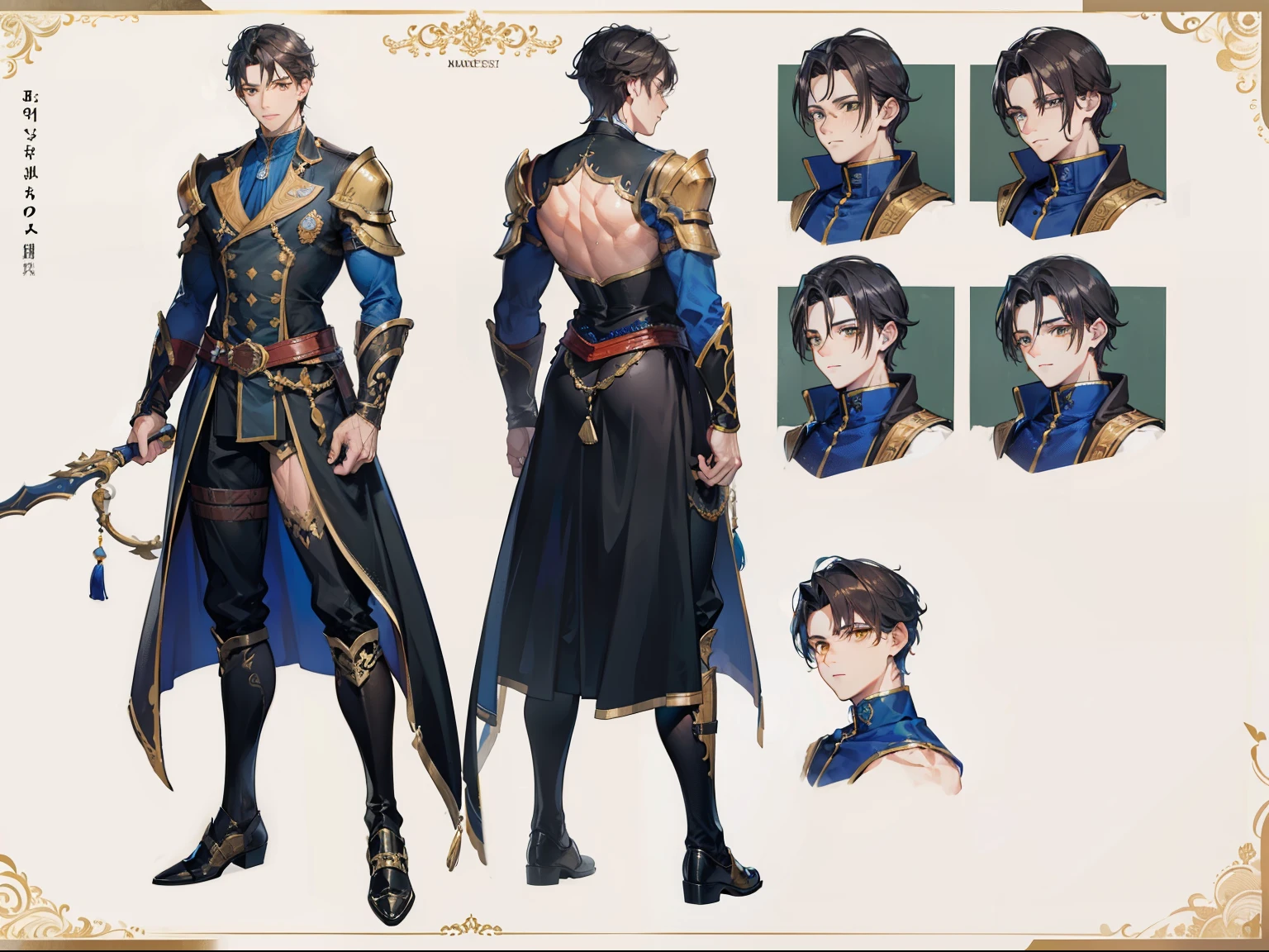 ((Masterpiece, Highest quality)), Male, boy, Detailed face, character design sheet, full bodyesbian, Full of details, frontal body view, back body view, Highly detailed, Depth, Many parts, Muscle boy with with short hair,handsome man, noble outfit clothes, Baldurs gate, man tall, tan skin, dark yellow eyes, scar over face