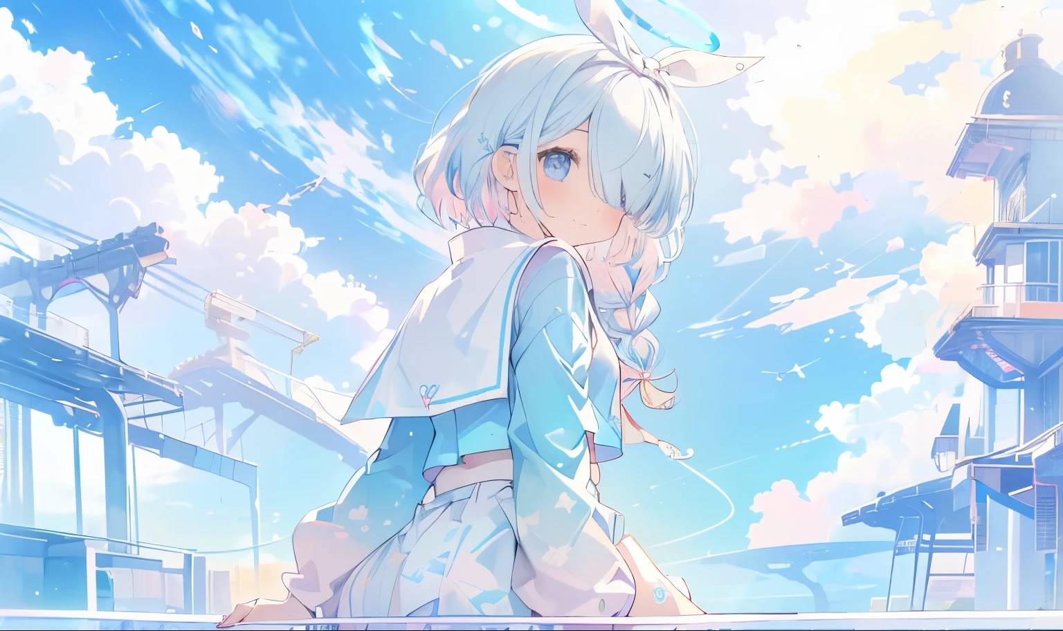 ((ultra - detailed),Heavenly sky background,Beautiful clouds,(Watercolor texture), ((1girll),lightsmile,Lolita ,The highest image quality,school, multicolored_hair, long_sleeves, single braid, hair over one eye,white sailor,ribbon,, ,arona,Blue Archive,sit on the railing,Light blue blouse, white skirt,BAPV, pink thema, yellow thema, blue thema, red thema, gray thema,((light_blue_and_pink_hair,multicolored_hair)),((light_blue_eyes,beautiful_hair,beautiful_eyes)),(((light_blue_halo))),1_beautiful_girl,cute_face,beautiful_face,pretty_face,beautiful,best_quality,good_anatomy,niji styleniji・journey style pastel girl,