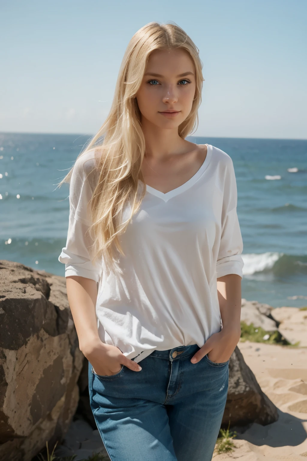 Hello. can u generate me avatar for a woman with blond hair, blue eyes, around 170cm height, near sea, with casual clothes