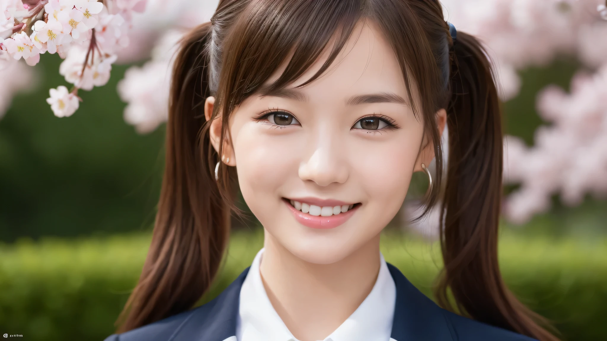 (1girl:1.3), twintails, cute smile, brown eyes, (highly detailed Beautiful face), (high school uniform:1.2), (Best Quality), (extremely detailed CG unified 8k wallpaper), Highly detailed, High-definition raw color photos, Professional Photography, Realistic portrait, evening, Extremely high resolution, smiling, cherry blossoms,