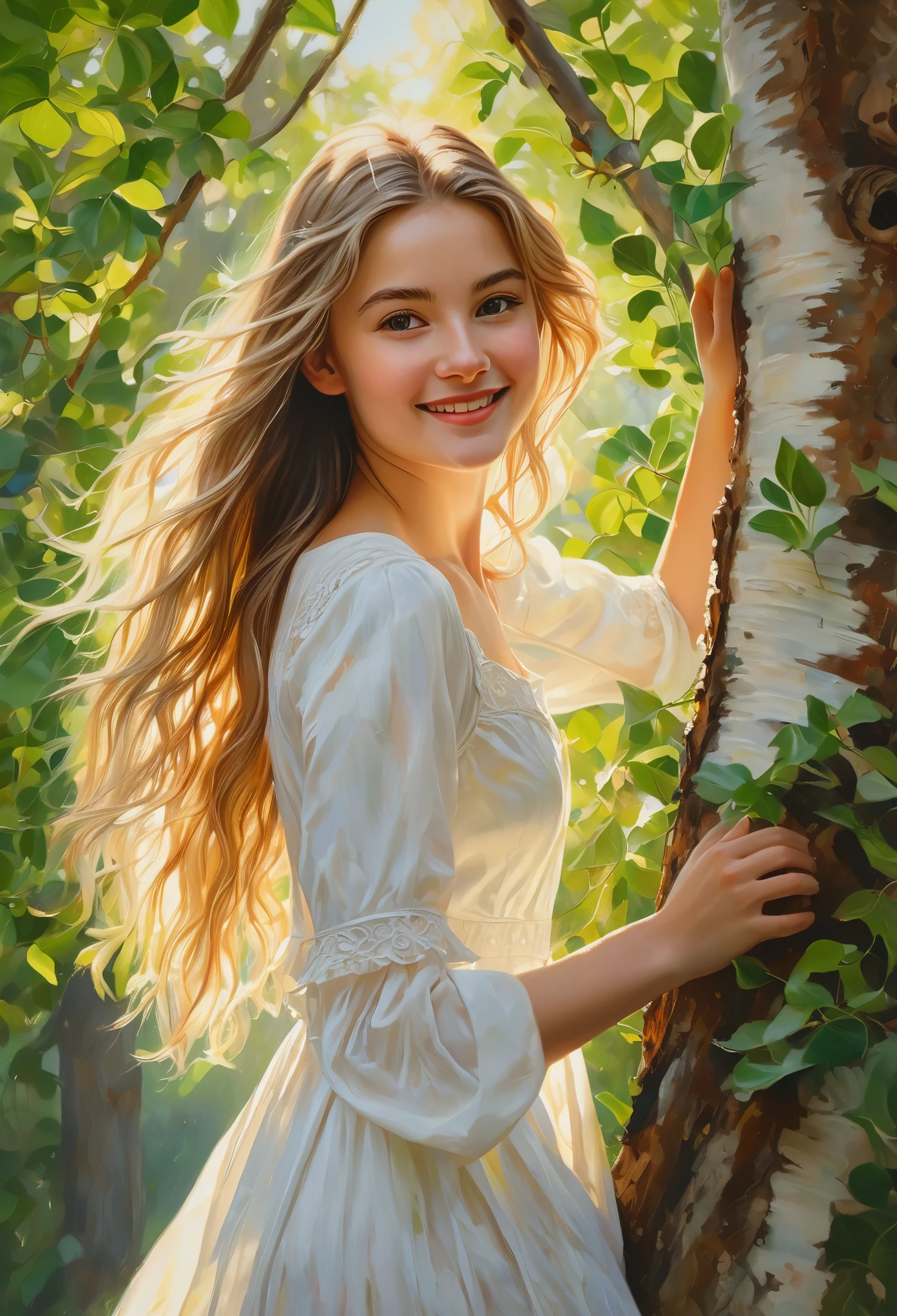 (a girl in a white dress,climbing a tall tree),oil painting,captivating eyes,fair skin,long flowing hair,playful smile,green leaves all around,warm sunlight streaming through the branches,peaceful atmosphere,detailed bark texture,soft shadows,subtle breeze,masterpiece:1.2,ultra-detailed,realistic,colorful palette,natural lighting