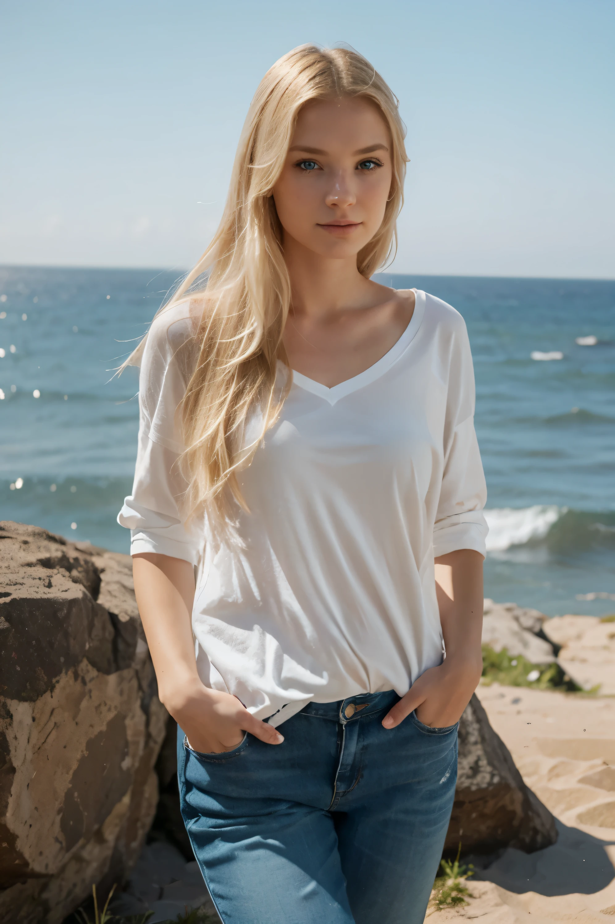 Hello. can u generate me avatar for a woman with blond hair, blue eyes, around 170cm height, near sea, with casual clothes