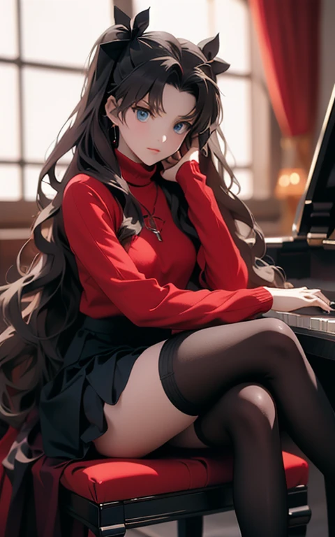  Rin Tohsaka 1gir Rin Tohsaka Solo Long hair Brown hair Black thigh-high socks Blue eyes Pleated skirt Two side up Redhead Ribbon Red sweater Bangs parted Jewelry(full body:1.1),
crossed legs, sitting in a chair, crossed legs,indoor, music room, piano, (piano演奏:1, pianoを弾きます:1)
