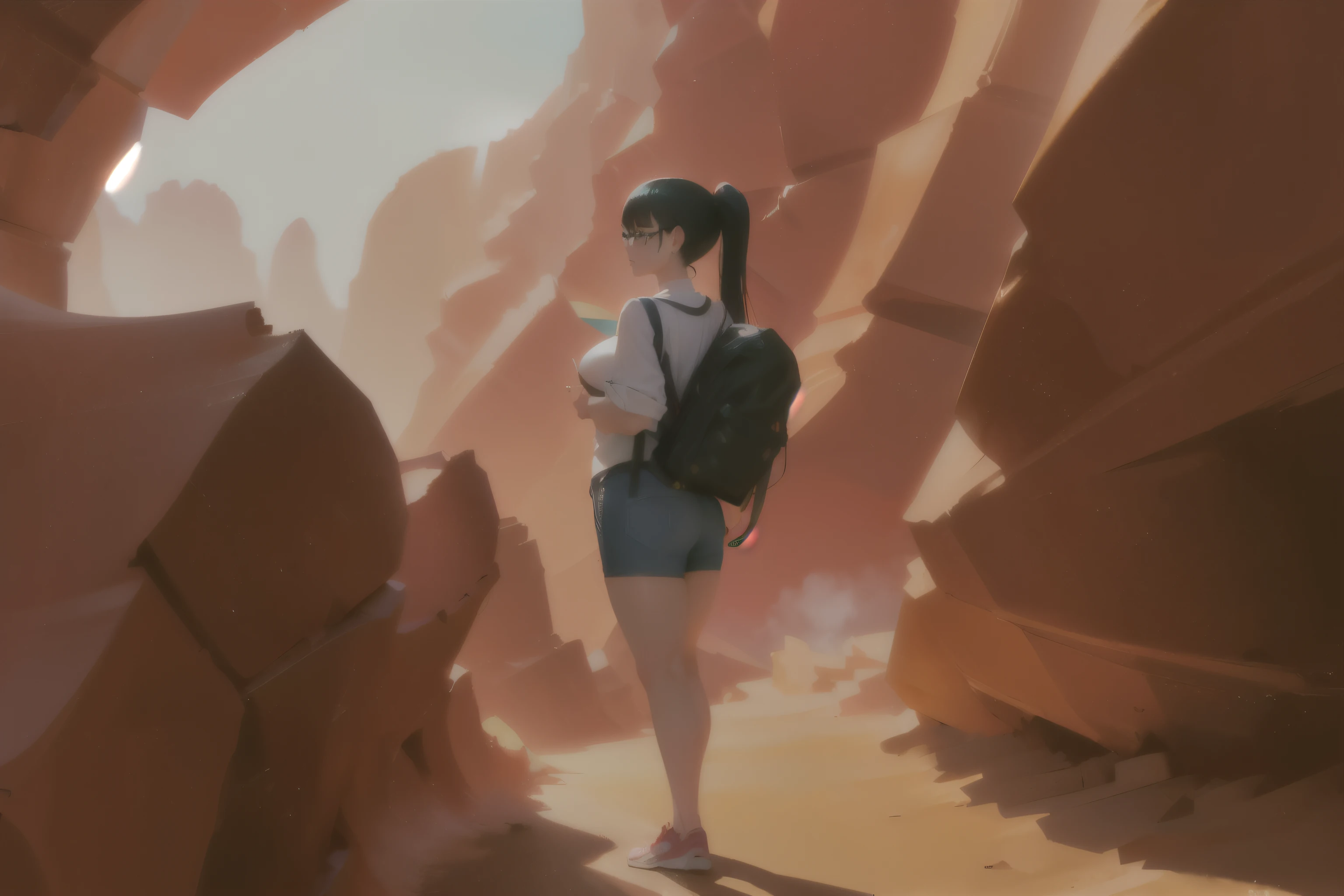 ((wide angle, full body image)) beautiful female tourist, black hair, ponytail, bangs, wearing large glasses, smirk, ((wearing a Backpacker style outfit)), morning light, Antelope Canyon