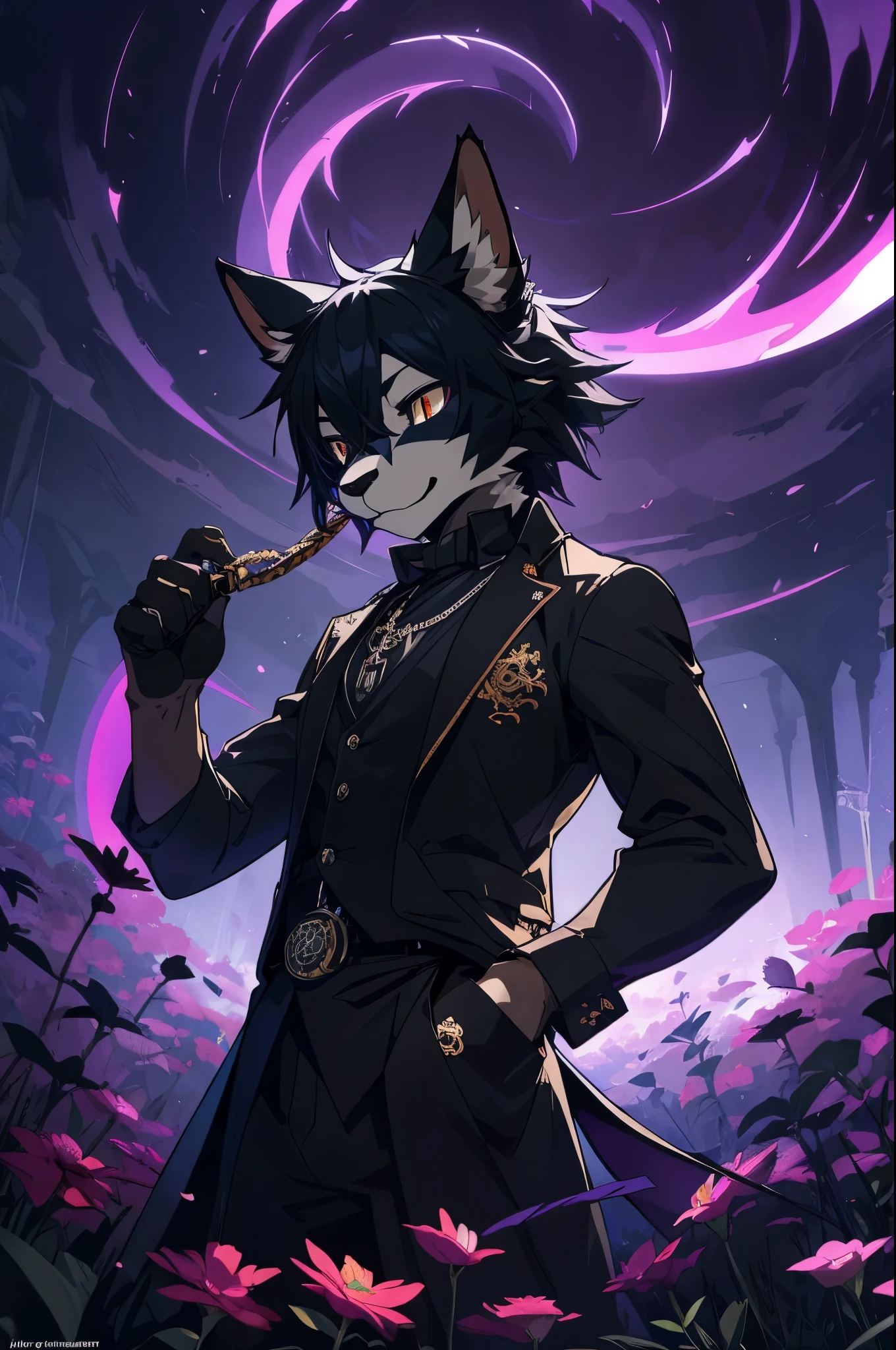 (best quality, high resolution, ultra-detailed)silhouett(kemono, furry anthro)holding striking pocket watch, surrounded by flowers, snakes and darkness, illustrative rendering, intricate details, mysterious atmosphere, vibrant colors, dynamic lighting , Gothic style,