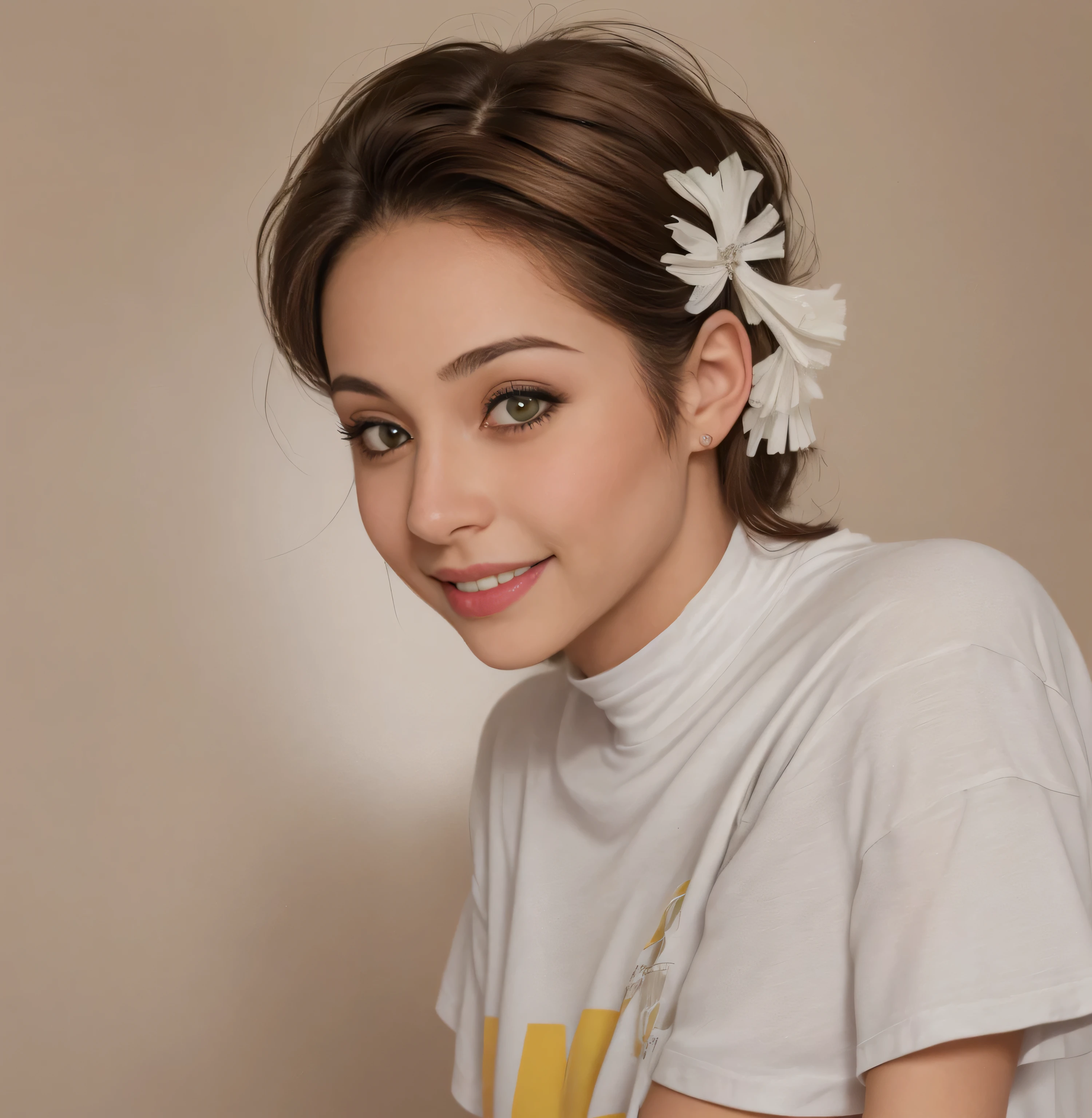 mujer latina feliz, around 19 years, natural brown hair, ojos verdes distintivos, usando camiseta.