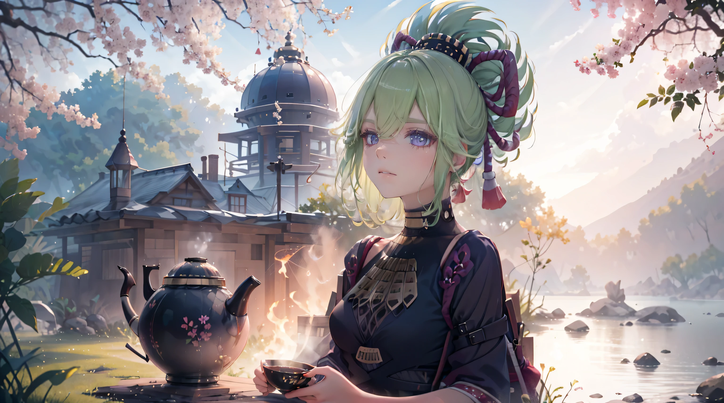 (best quality,8k,highres,masterpiece:1.2),(realistic,photorealistic,photo-realistic:1.37), In purple eyes, Classic maid outfit, traditional Japanese bakery,beautiful detailed eyes,happiness,glowing eyes,smiling,peaceful atmosphere,traditional Japanese clothes,working(best quality,Full range,advert:1.2),bright and warm,Sweet and sleepy,complete happiness,bright smile,sakura tree,tranquil,aroma scent,dreamlike,vivid colors,subtle lighting,traditional Japanese tea set,lively ambiance