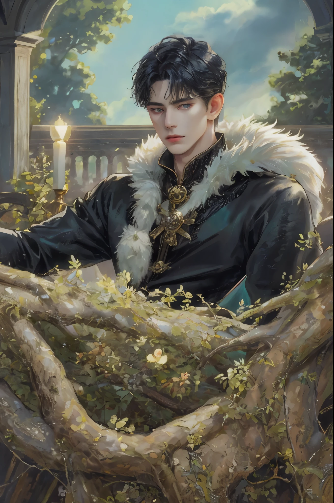 (absurdres, highres, ultra detailed, HDR), masterpiece, best quality, 1 boy , maleficent movie, boy character ,short hair, handsome face, anime eyes,fur, detailed interior, detailed character, incubus fashion,