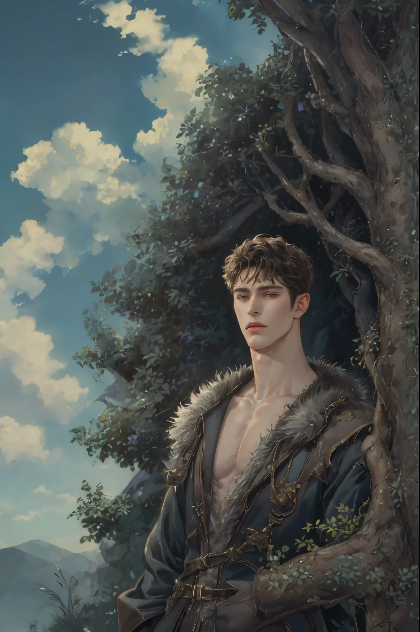 (absurdres, highres, ultra detailed, HDR), masterpiece, best quality, 1 boy , maleficent movie, boy character ,short hair, handsome face, anime eyes,fur, detailed interior, detailed character, incubus fashion,