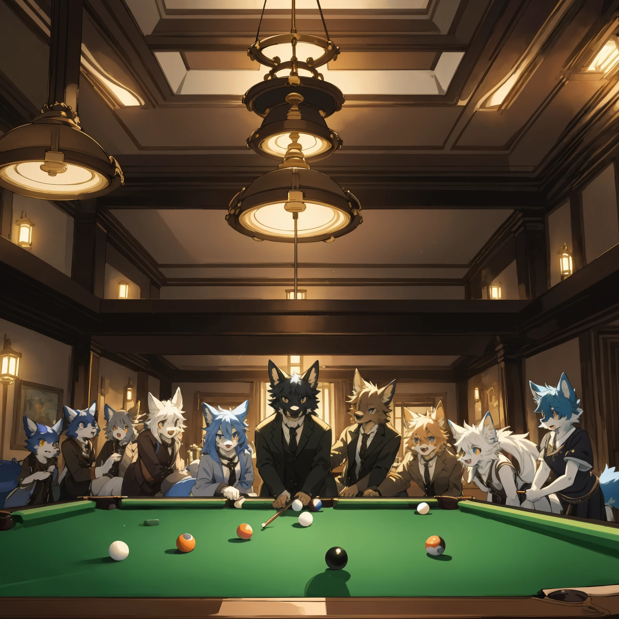 top quality, best quality, High-quality illustrations, masterpiece, super high resolution, detailed background, Gentlemen and ladies, billiards, 6+boys, 6+girls, absurdres(highly detailed beautiful face and eyes)perfect anatomy, expression, good lighting, cinematic shadow(kemono, furry anthro)assorted poses, dynamic angle, panel layout,