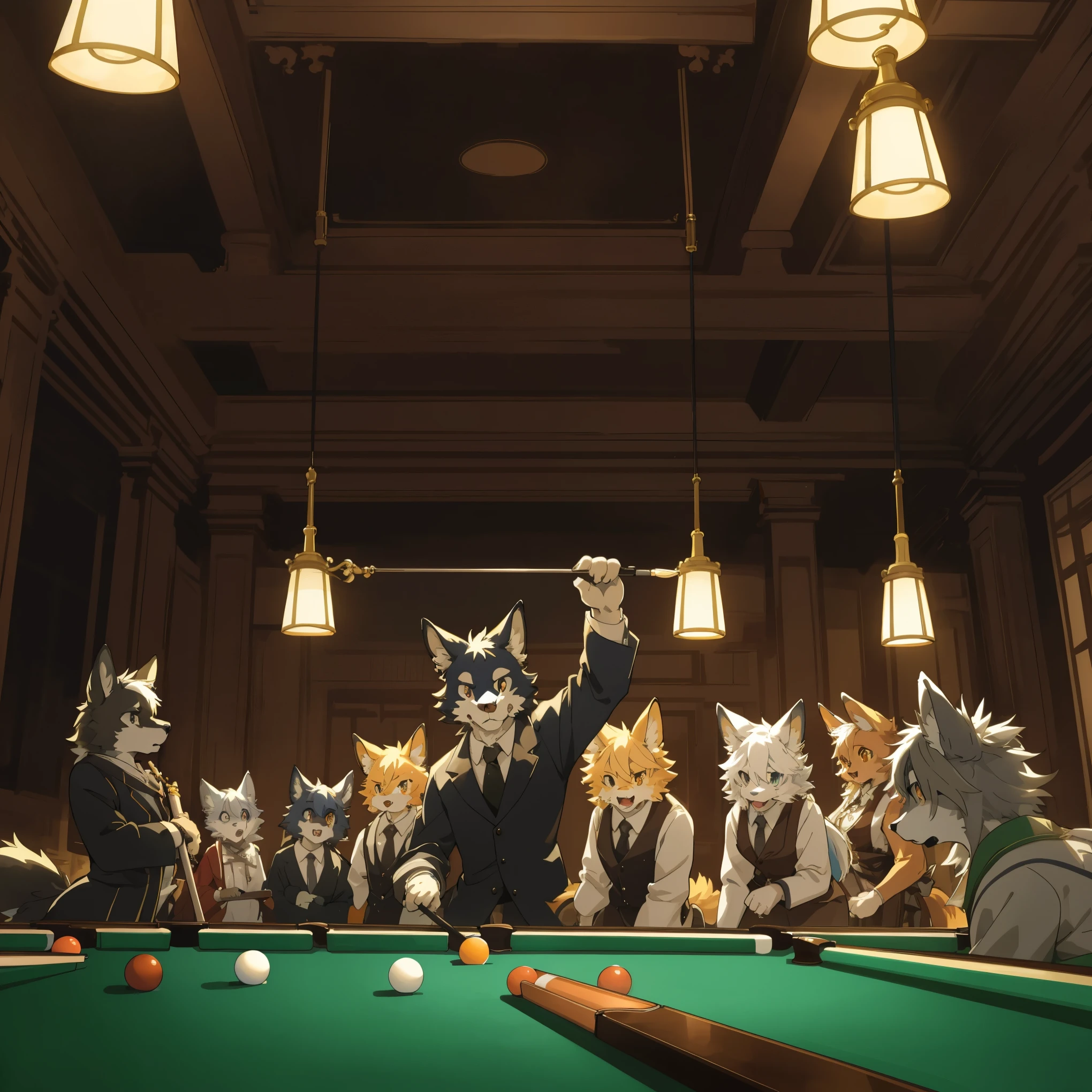 top quality, best quality, High-quality illustrations, masterpiece, super high resolution, detailed background, Gentlemen and ladies, billiards, 6+boys, 6+girls, absurdres(highly detailed beautiful face and eyes)perfect ???????, expression, good lighting, cinematic shadow(kemono, furry anthro)assorted poses, dynamic angle, panel layout,