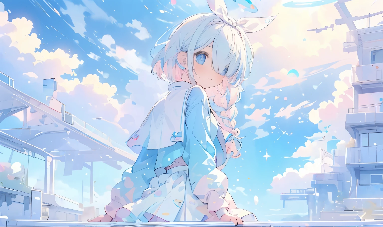 ((ultra - detailed),Heavenly sky background,Beautiful clouds,(Watercolor texture), ((1girll),lightsmile,Lolita ,The highest image quality,school, multicolored_hair, long_sleeves, single braid, hair over one eye,white sailor,ribbon,, ,arona,Blue Archive,sit on the railing,Light blue blouse, white skirt,BAPV, pink thema, yellow thema, blue thema, red thema, gray thema,((light_blue_and_pink_hair,multicolored_hair)),((light_blue_eyes,beautiful_hair,beautiful_eyes)),(((light_blue_halo))),1_beautiful_girl,cute_face,beautiful_face,pretty_face,beautiful,best_quality,good_anatomy,niji styleniji・journey style pastel girl,