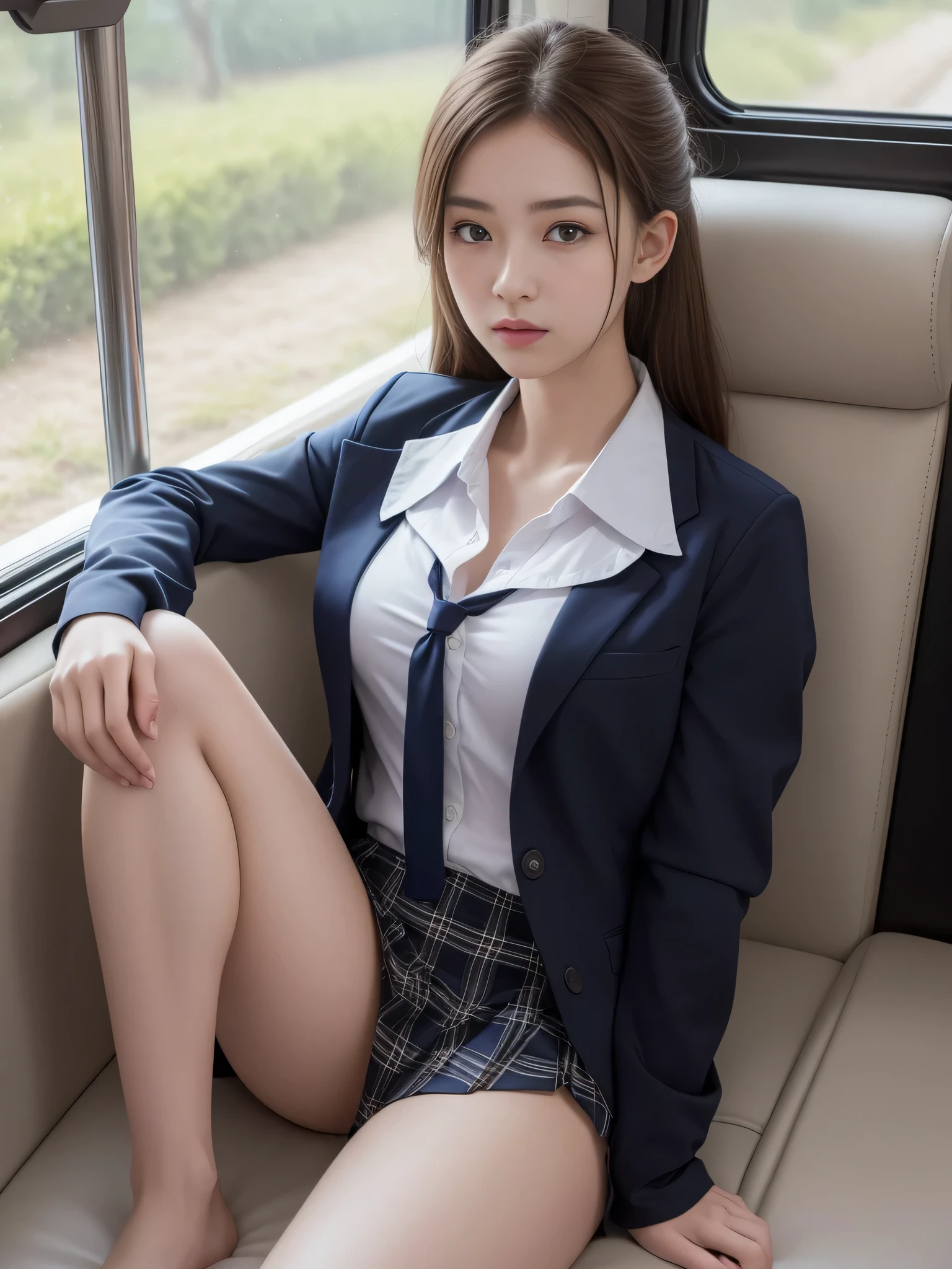(masterpiece:1.3), (8k, Photoreal, RAW photo, best image quality: 1.4)、(random hairstyle:1.2)、super detail face、pay attention to details、double eyelid、、sharp focus:1.2、Beautiful woman:1.4、light brown hair、highest quality、masterpiece、超A high resolution、(Photoreal:1.4)、Highly detailed and professional illuminated smile、thin、serious expression、deadly position,whole body,Focused,(8K, Raw photo, highest quality, masterpiece: 1.2, realistic, photorealistic, photon mapping, photon mapping, photorealistic, Super detailed, professional lighting, Low - Angle: 1.2), (1 girl), (alone: 1.5), (whole body), (Height is 170cm), (22 year old high school girl),(Inside the train), (Japanese high school uniform), (dark blue blazer: 1.2), (Short plaid skirt: 1.2), (White shirt for students), (tie: 1.2), (sitting, I&#39;m looking forward to), (thighs open: 1.2), (light brown medium hair), (black loafers: 1.2), (beautiful face: 1.2), (perfect proportions: 1.2), (long legs: 1.2), (transparent skin), beautiful body, very detailed,Voyeurism,natural perspective,look elsewhere,glare