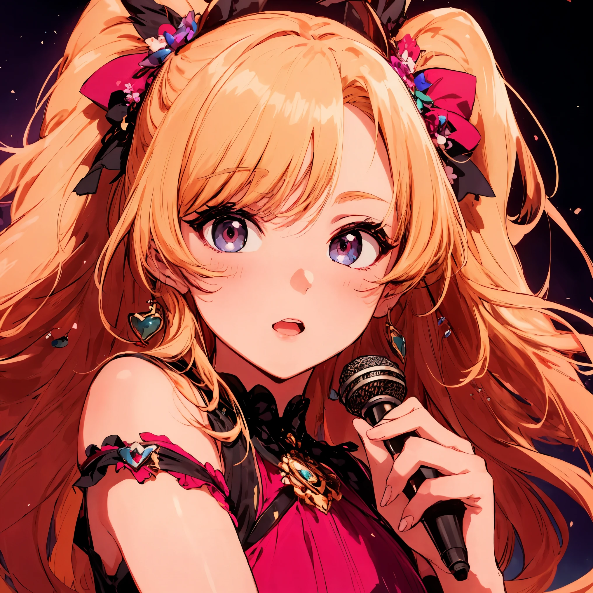 Very beautiful and beautiful K-POP female idol, singing at live stage in ゴンドラ,
break,
close up of face, singing scene, dress scene, looking at the viewer,
break,
Expressing idols in bright colors, Expressing idol dresses in colorful colors, Expressing the idol's singing voice in warm colors