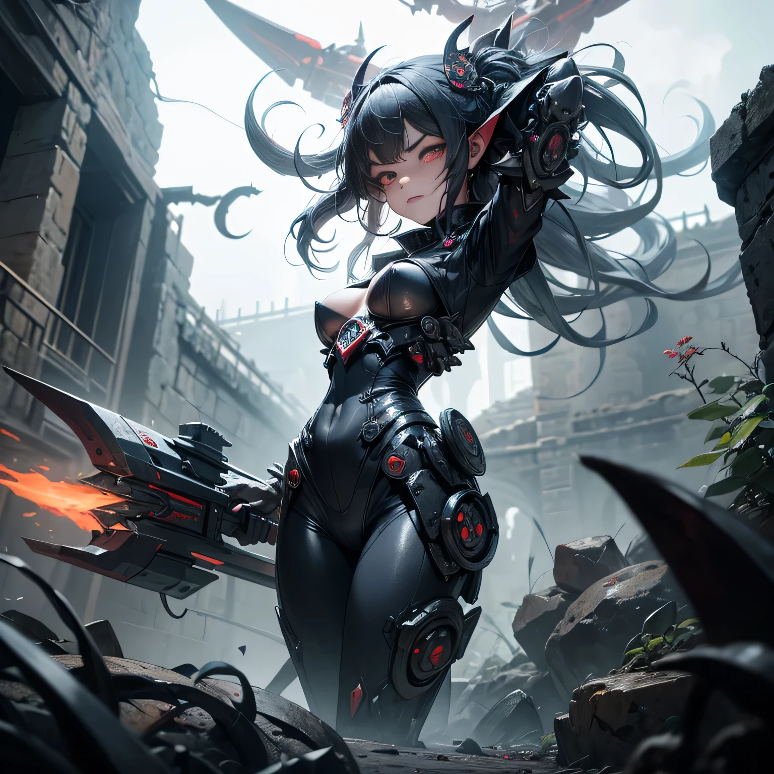 A girl crawling on top of a battleship. Cyclops girl. A turret baring her fangs. latex body suit. abyssal fleet. Tentacles wrapped around the ship.