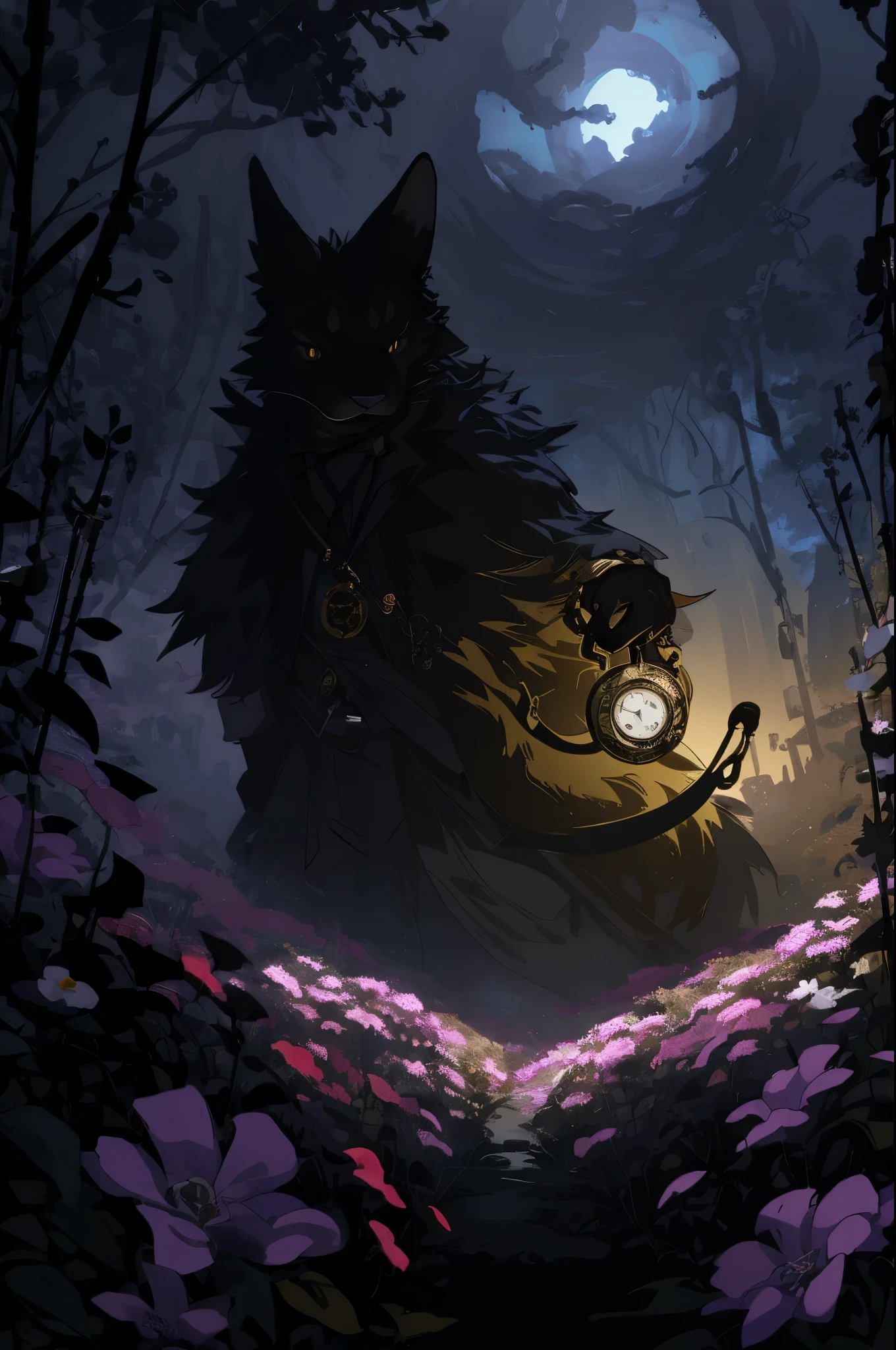 (best quality, high resolution, ultra-detailed)silhouett(kemono, furry anthro)holding striking pocket watch, surrounded by flowers, snakes and darkness, illustrative rendering, intricate details, mysterious atmosphere, vibrant colors, dynamic lighting , Gothic style,
