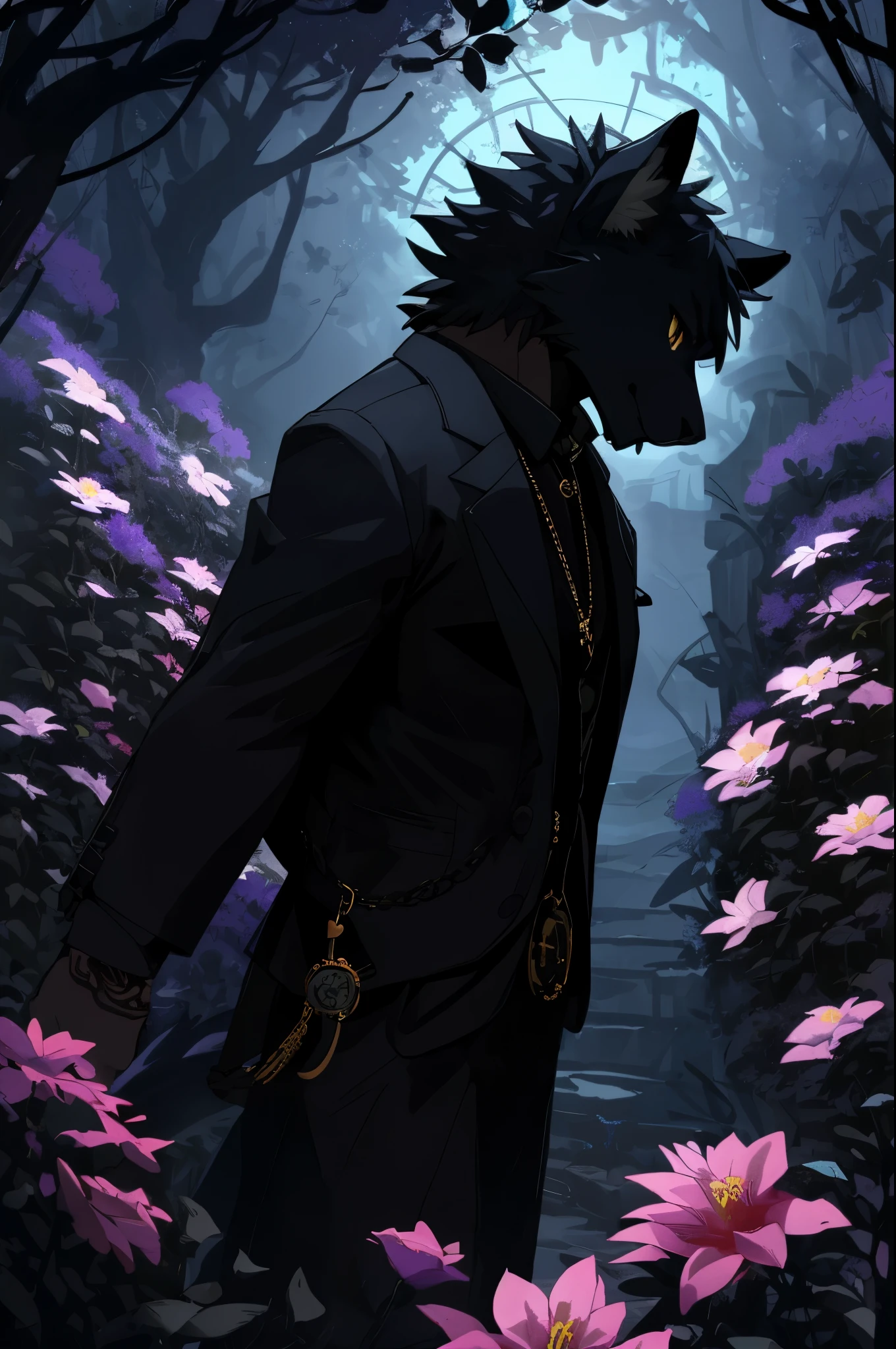 (best quality, high resolution, ultra-detailed)silhouett(kemono, furry anthro)holding striking pocket watch, surrounded by flowers, snakes and darkness, illustrative rendering, intricate details, mysterious atmosphere, vibrant colors, dynamic lighting , Gothic style,