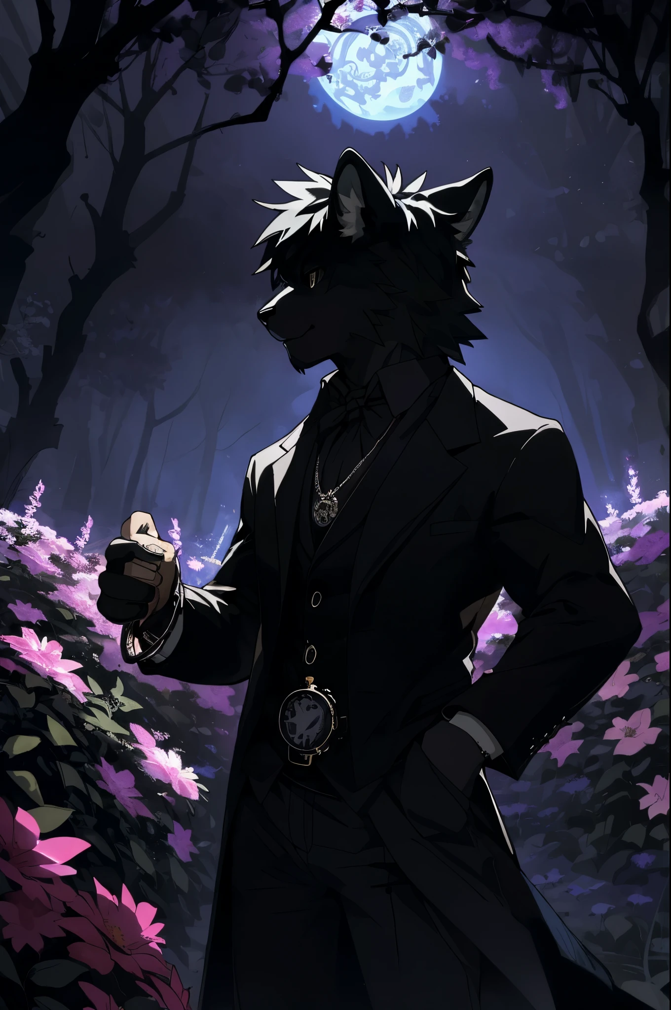 (best quality, high resolution, ultra-detailed)silhouett(kemono, furry anthro)holding striking pocket watch, surrounded by flowers, snakes and darkness, illustrative rendering, intricate details, mysterious atmosphere, vibrant colors, dynamic lighting , Gothic style,