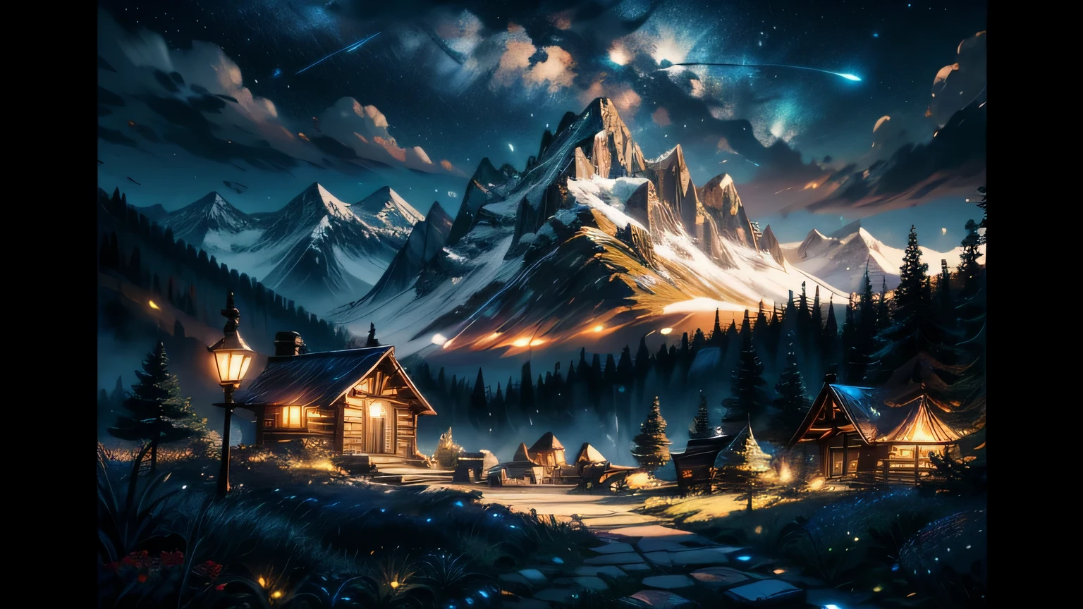nice, masterpiece, highest quality, landscape, High resolution,4k, wallpaper, Tracking Lights, Mountain, Complex, be familiar with, Inside the interrupt, camp, flower bed, Home, magical, magic, no_Humanity, hut, flowers, busy, Roleplaying, Lord of the Ring, cozy and calm,peaceful, amazing view