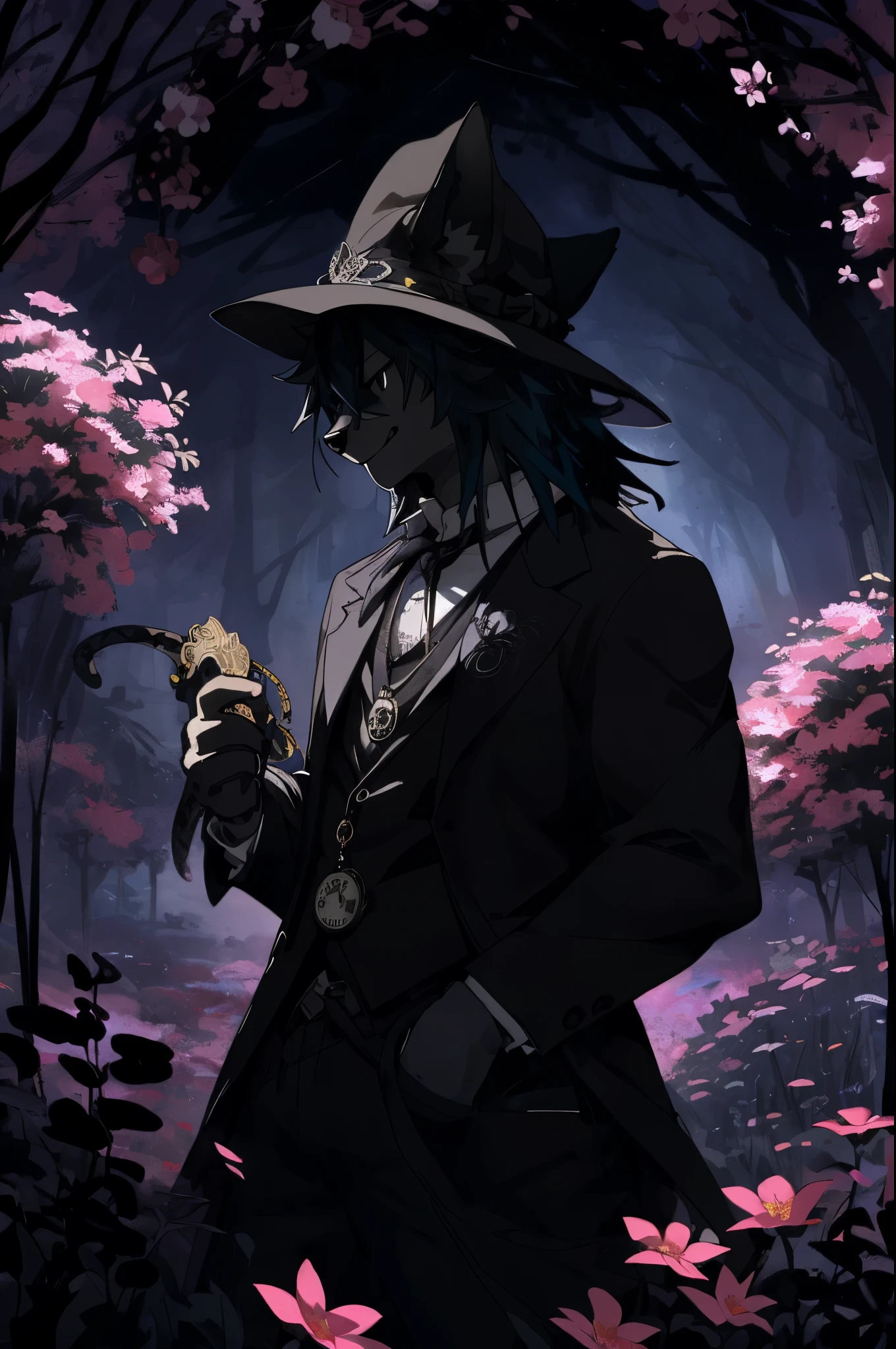 (best quality, high resolution, ultra-detailed)silhouett(kemono, furry anthro)holding striking pocket watch, surrounded by flowers, snakes and darkness, illustrative rendering, intricate details, mysterious atmosphere, vibrant colors, dynamic lighting , Gothic style,