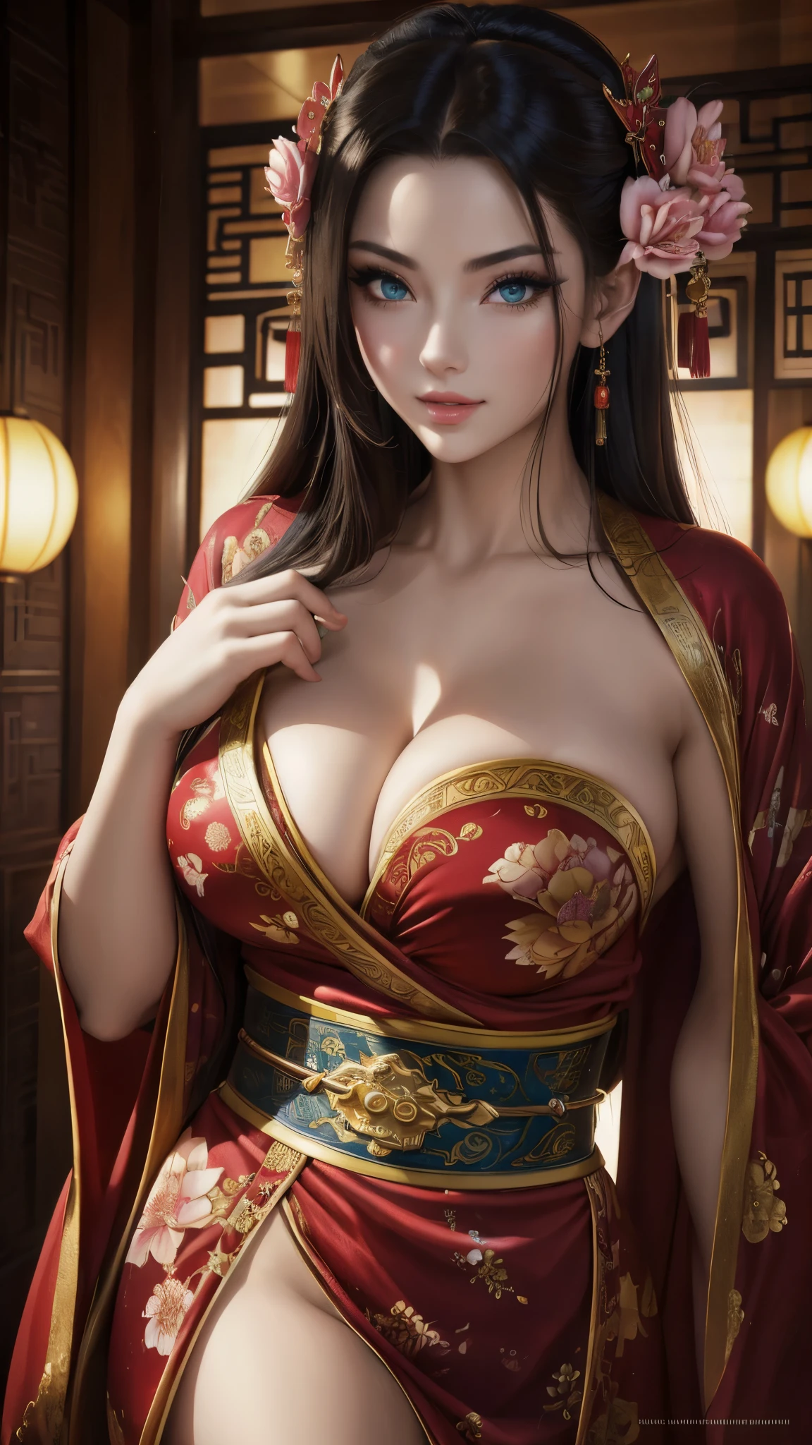 (best quality,4k,highres,masterpiece:1.2),ultra-detailed,photorealistic:1.37,sexy,disney princess,beautiful detailed eyes,beautiful detailed lips,kimono,red chinese dragon,warrior,mulan,traditional chinese setting,sword,graceful,confident,lotus flowers,temple,cultural heritage,traditional hairstyle,exotic,storybook-like,mythical,gorgeous background,attention to fine details,vivid colors,ethereal lighting. Busty