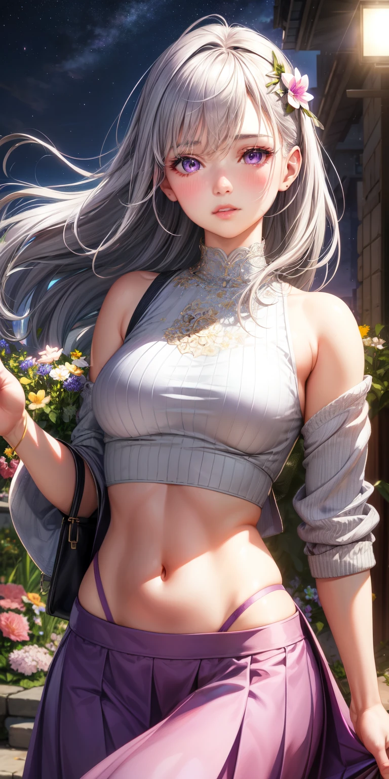 realistic, 1 girl, gray hair, purple eyes, shining eyes, crop top, skirt, parted lips, blush, night, flowers, sun, sunlight,