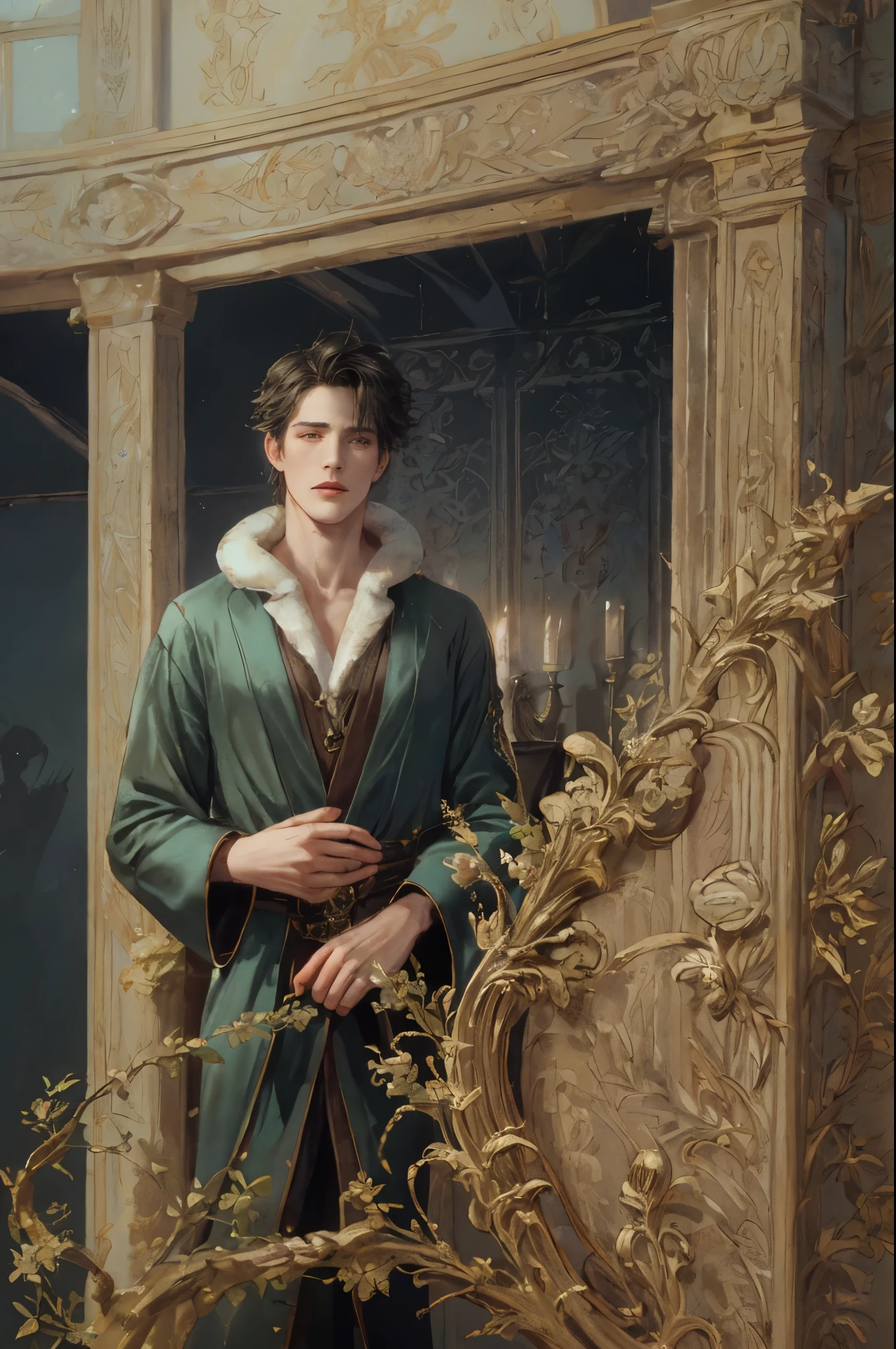 (absurdres, highres, ultra detailed, HDR), masterpiece, best quality, 1 boy , maleficent movie, boy character ,short hair, handsome face, anime eyes,fur, detailed interior, detailed character, incubus fashion,