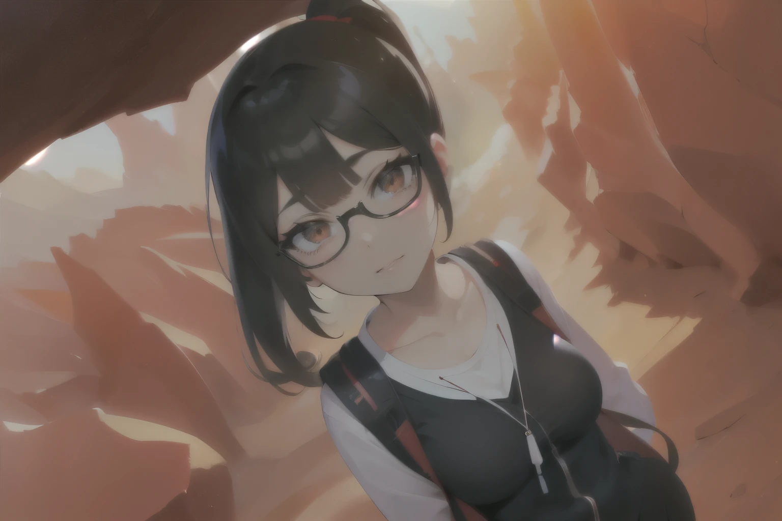 ((wide angle)) beautiful female tourist, black hair, ponytail, bangs, wearing large glasses, smirk, ((wearing a Backpacker style outfit)), morning light, Antelope Canyon