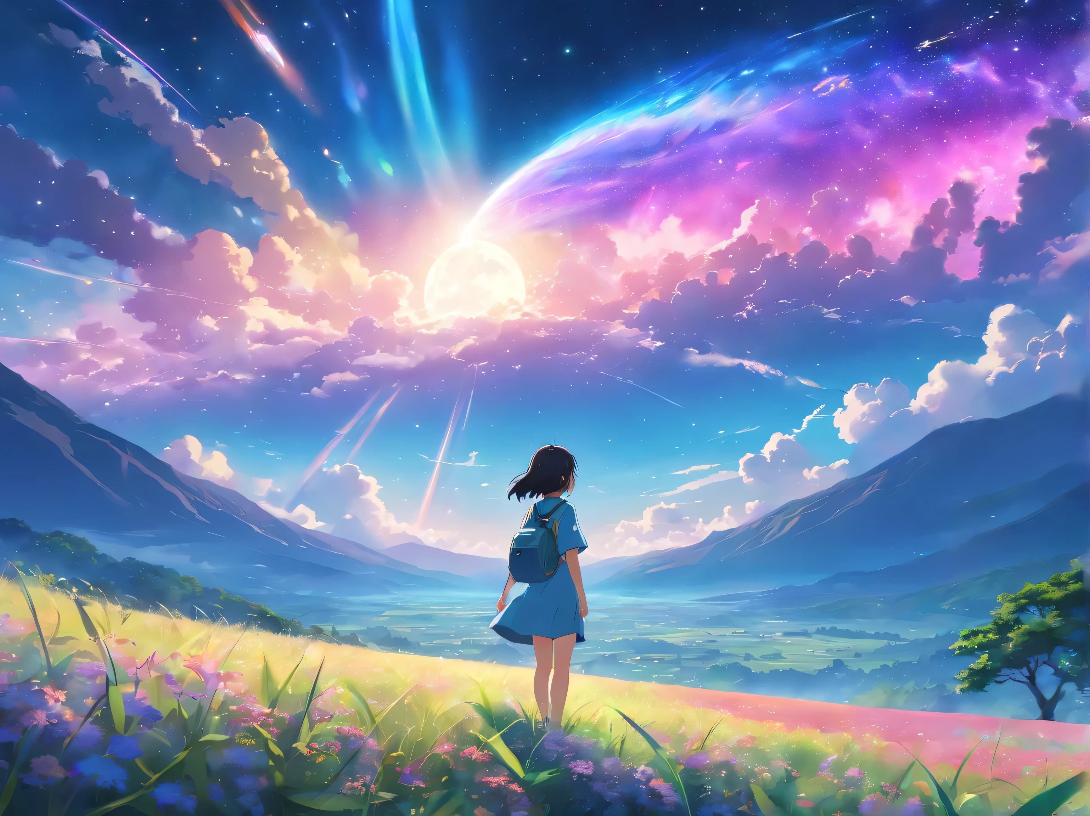 Xin Haicheng, vast landscape photos , (view from below,Displays the sky above and the clearing below), A girl stands on the flower field and looks up, (full moon:1.2), ( meteor:0.9), (nebula:1.3), distant mountains, The art of tree folding, (Warm light source:1.2), (firefly:1.2), Deng Deng, lots of purple and blue, intricate details, Volumetric lightingBREAK (masterpiece:1.2), (best quality), 4K, Super detailed, (dynamic composition:1.4), Very detailed, Colorful details,( rainbow colors:1.2), (noctilucent lighting, mood lighting), fantastic, magic, (alone:1.2)