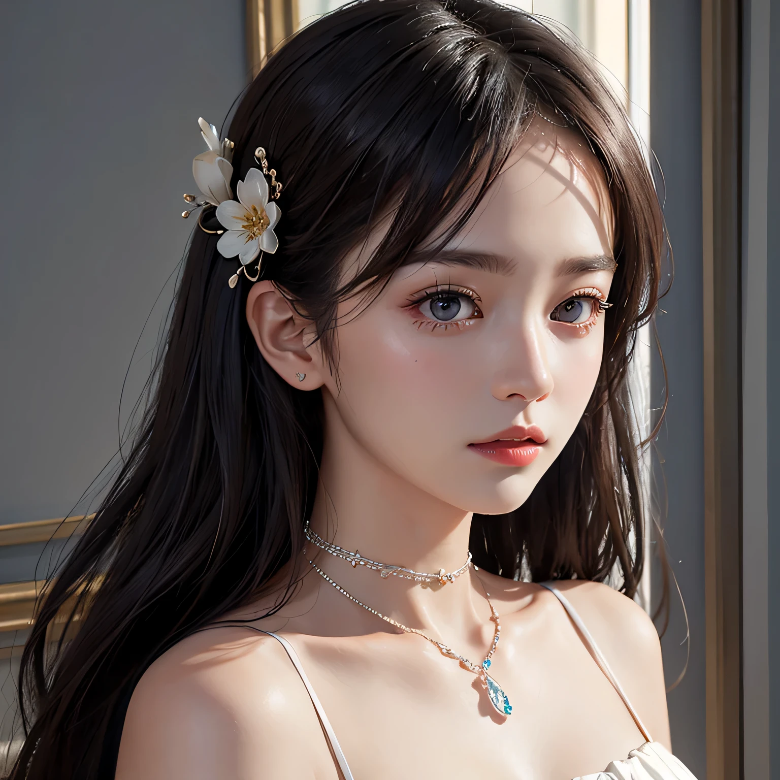 highest quality、master piece、High resolution、1 girl、porcelain dress、Beautiful hair accessories with attention to detail、choker necklace、gem、cute face、Physically、Tyndall effect、Realistic、shadow studio、edge light、two-color lighting、(high detail skin:1.2)、8K, ultra hd、Digital single-lens reflex camera、soft writing、expensive、expensive quality、volume light、Voyeurism、photore、High resolution、4k、8K、Portrait with blurred background