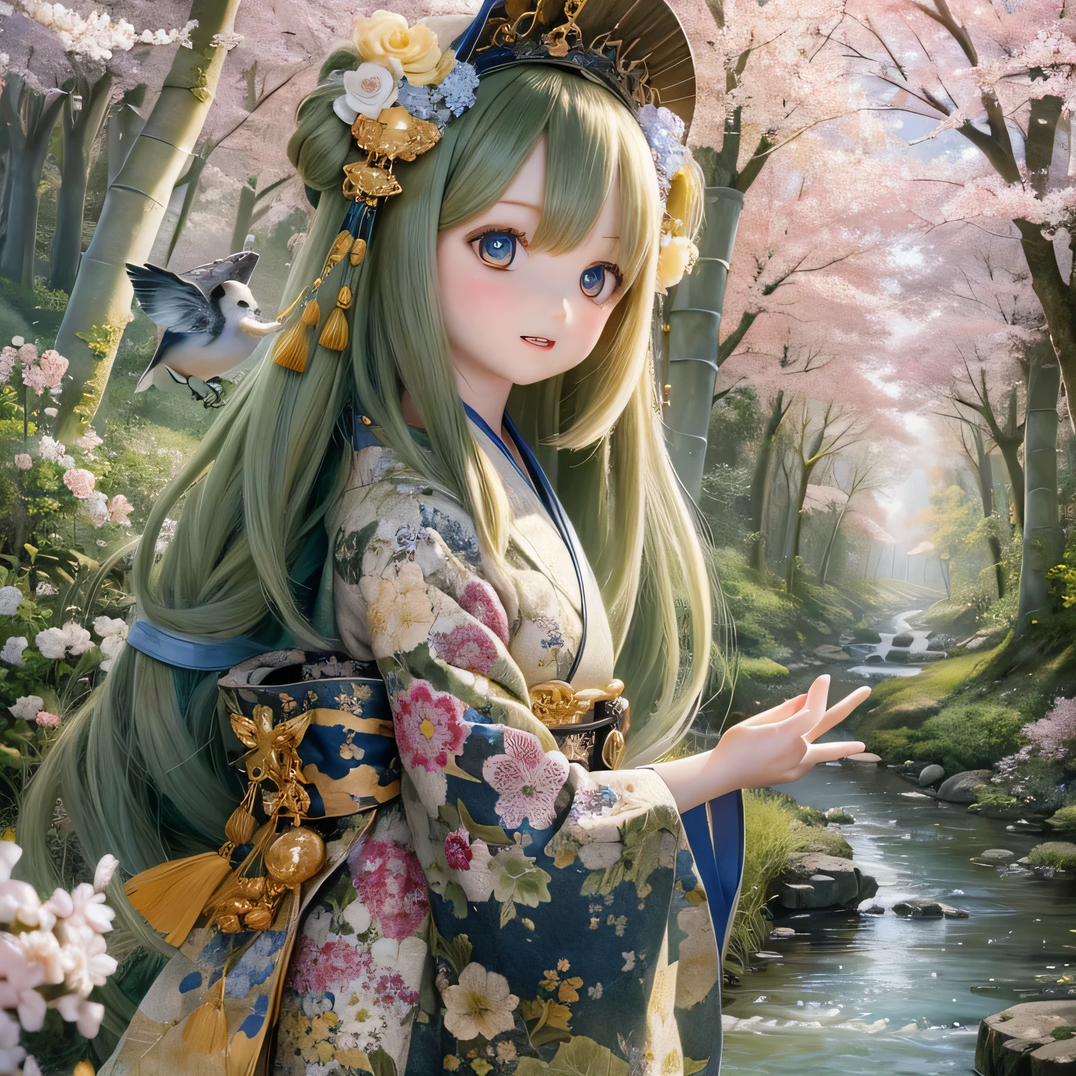 (highres, realistic:1.2),(beautiful detailed eyes,beautiful detailed lips,extremely detailed eyes and face,longeyelashes),(countryside landscape,serene atmosphere),(shiba inu girl:1.1),(soft lighting),(oil painting style),(lush green fields,tranquil river),(traditional Japanese house),(flowing traditional kimono),(colorful flowers),(birds flying in the sky),(bamboo forest),(sunlight filtering through the trees)(((Cherry tree in full bloom)))princess cut spread arms