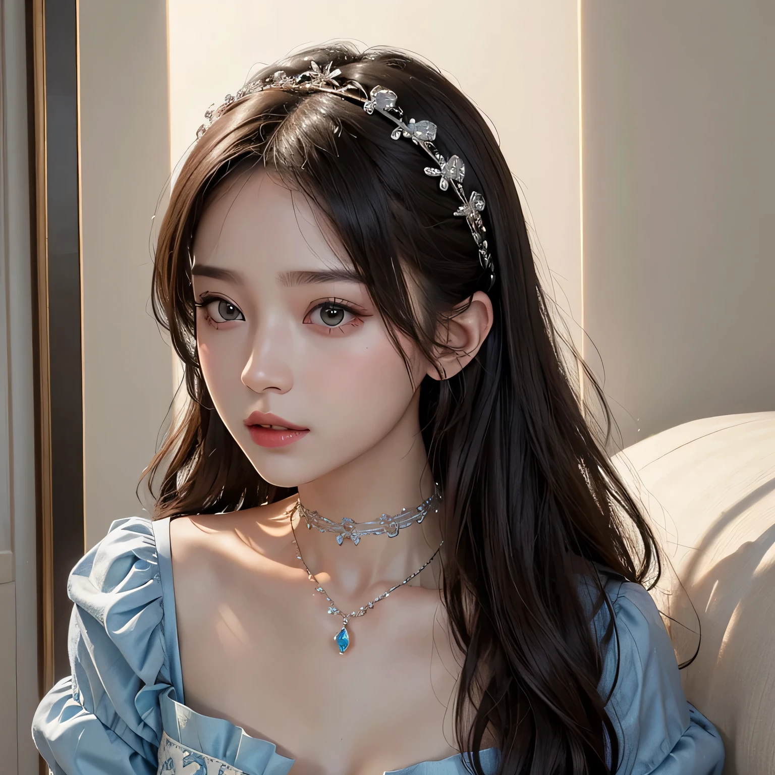 highest quality、master piece、High resolution、1 girl、porcelain dress、Beautiful hair accessories with attention to detail、choker necklace、gem、cute face、Physically、Tyndall effect、Realistic、shadow studio、edge light、two-color lighting、(high detail skin:1.2)、8K, ultra hd、Digital single-lens reflex camera、soft writing、expensive、expensive quality、volume light、Voyeurism、photore、High resolution、4k、8K、Portrait with blurred background