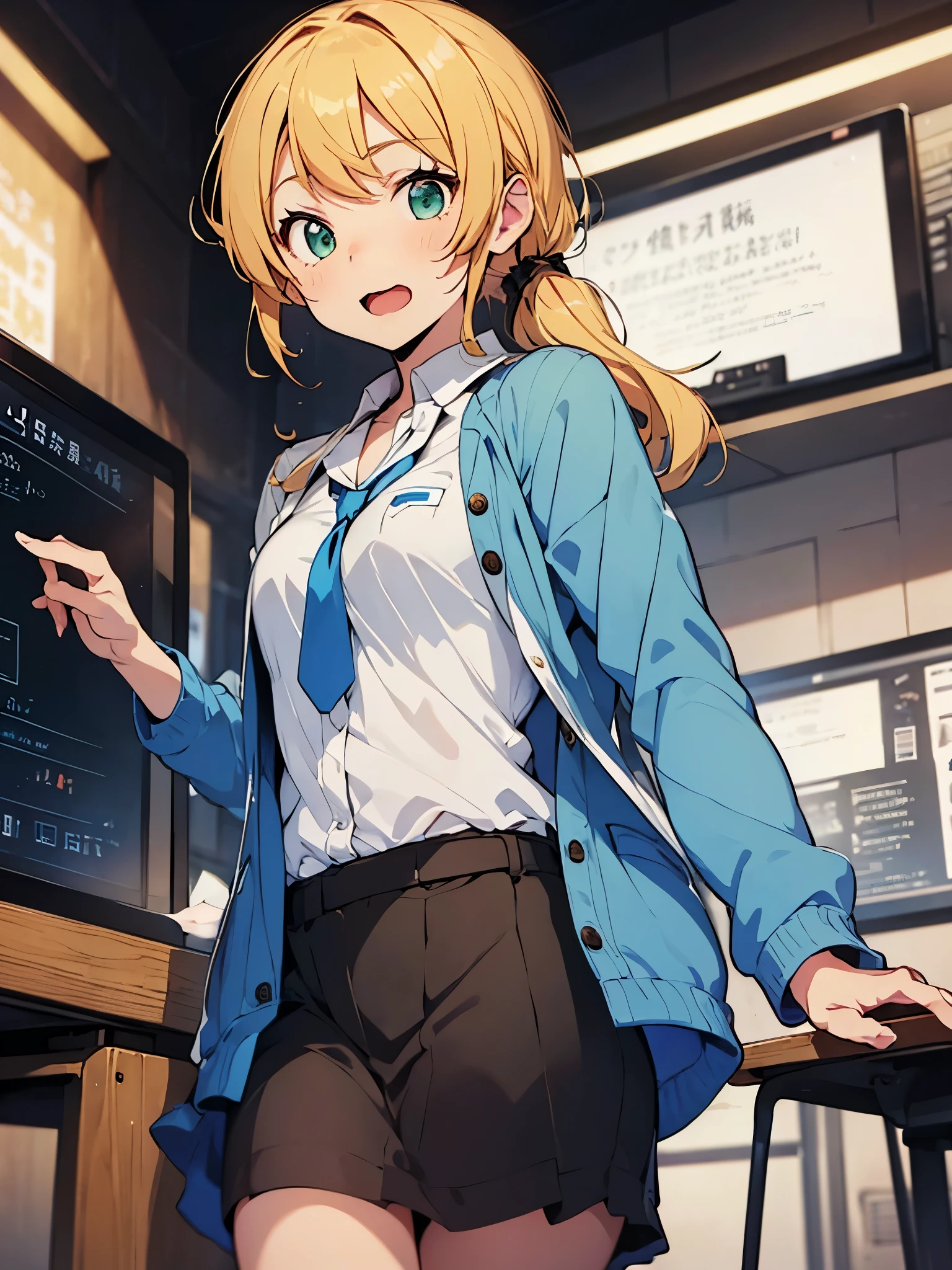 anime style, Ellen Baker, beautiful, green eyes, blonde hair, white shirt, bulge button, ((dark blue outerwear)), short span, ((brown span)), (background: classroom, blackboard), (masterpiece:1.2), (lively:1.2), Futuristic classes that make full use of IT technology, Tablet terminal