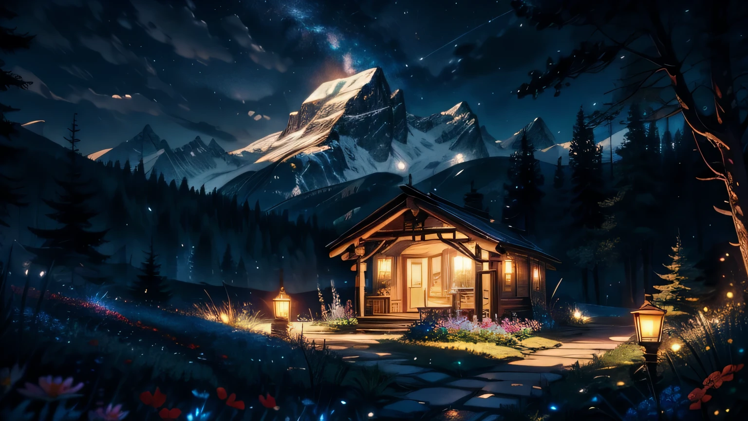 nice, masterpiece, highest quality, landscape, High resolution,4k, wallpaper, Tracking Lights, Mountain, Complex, be familiar with, Inside the interrupt, camp, flower bed, Home, magical, magic, no_Humanity, hut, flowers, busy, Roleplaying, Lord of the Ring, cozy and calm,peaceful, amazing view