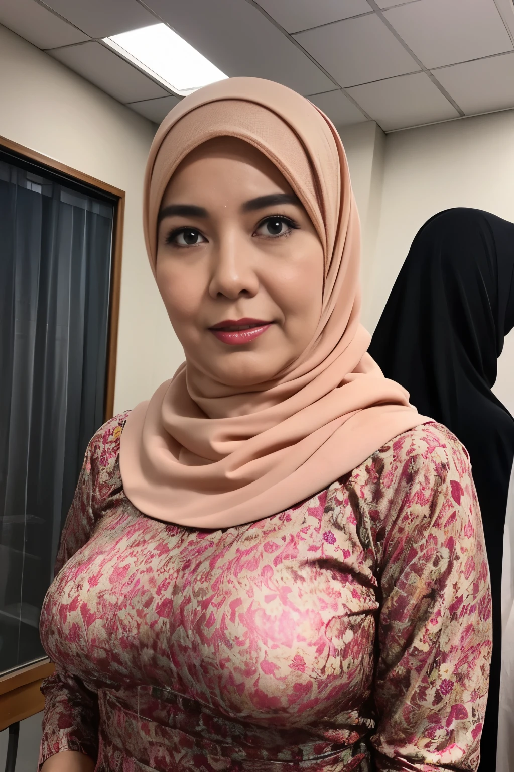 (HIJAB), 56 years Old, Indonesian mature woman, Big  : 43.9, Gamis, breast about To burst out from her clothes, at doctor office, Dark light, at Nighttime.