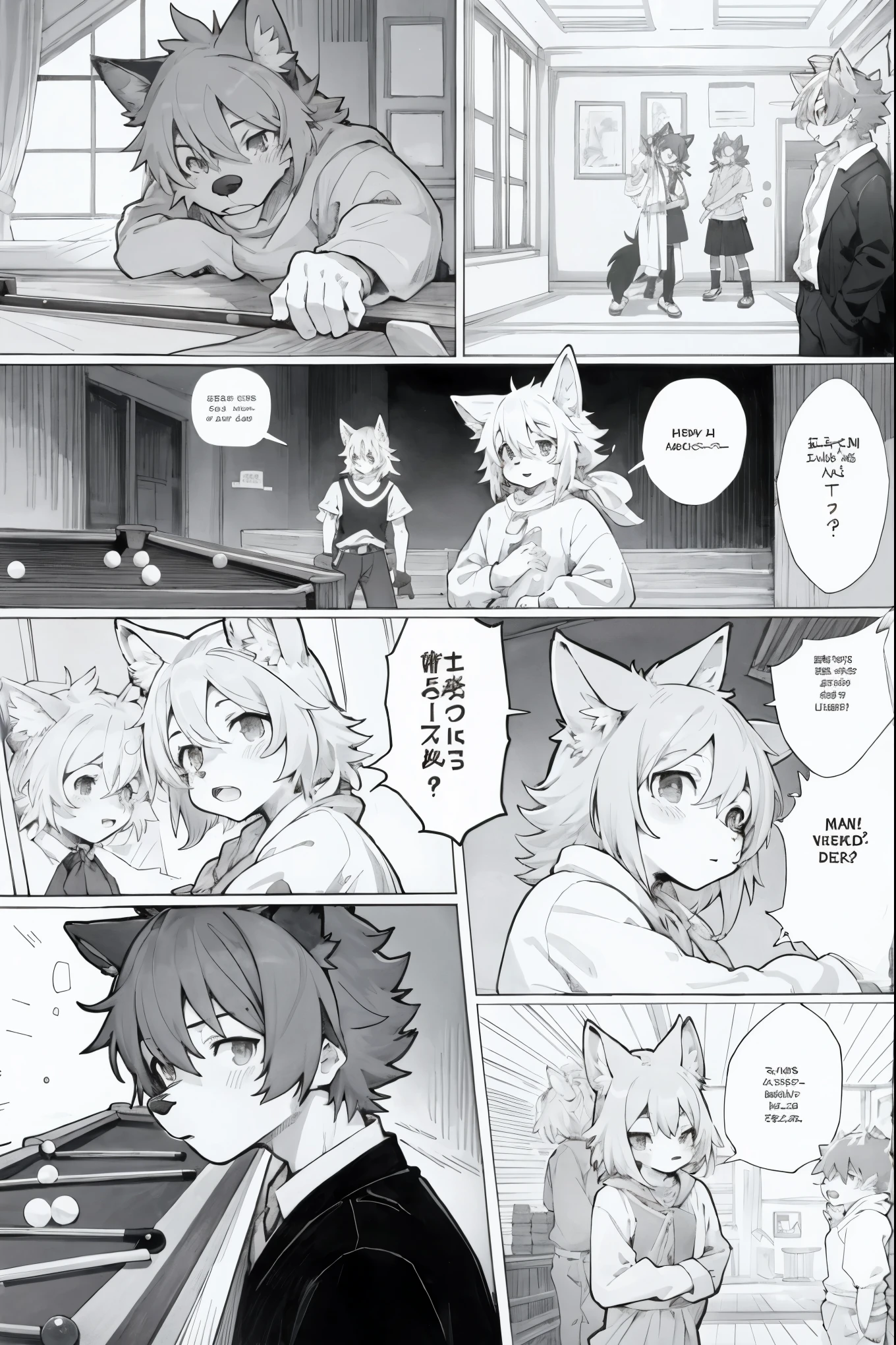 top quality, best quality, highres, unparalleled masterpiece, perfect artwork, paid reward available, indoor, Gentlemen and ladies, billiards, 6+boys, 6+girls, absurdres, comics(super cute 1girl, 1wolf, kemono, furry anthro)tumblr, sosaku hanga, black and white manga page, manga page, doujin, ddlc, anime, comedy comic, black and white manga panel, zerochan,