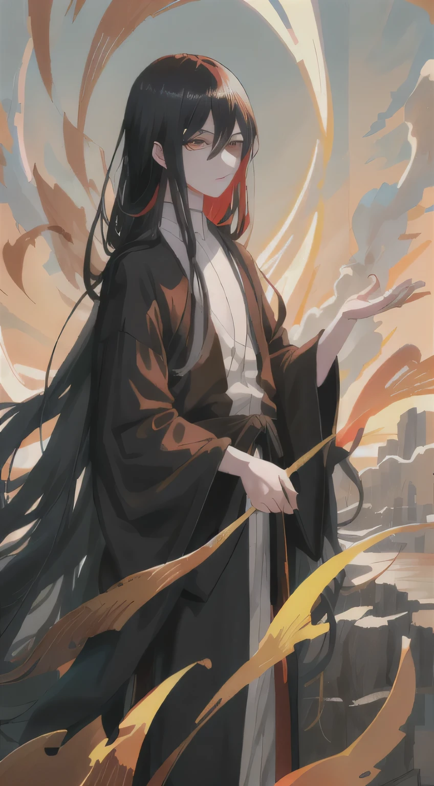 anime boy，Long black hair and black robe standing in front of sunset, flowing hair and gown, , Black-haired mage, anime art wallpaper 8k, Demon Slayer art style, anime style 4k, Anime Art Wallpaper 4k, anime art wallpaper 4k, author：Yang Jie, Handsome guy in the art of slaying demons