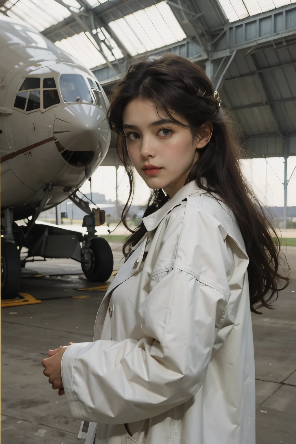Beautiful woman. Late twenties. Dark brown hair. she is wearing a white coat. She is looking at the camera with a serious expression. She's in a huge hangar.