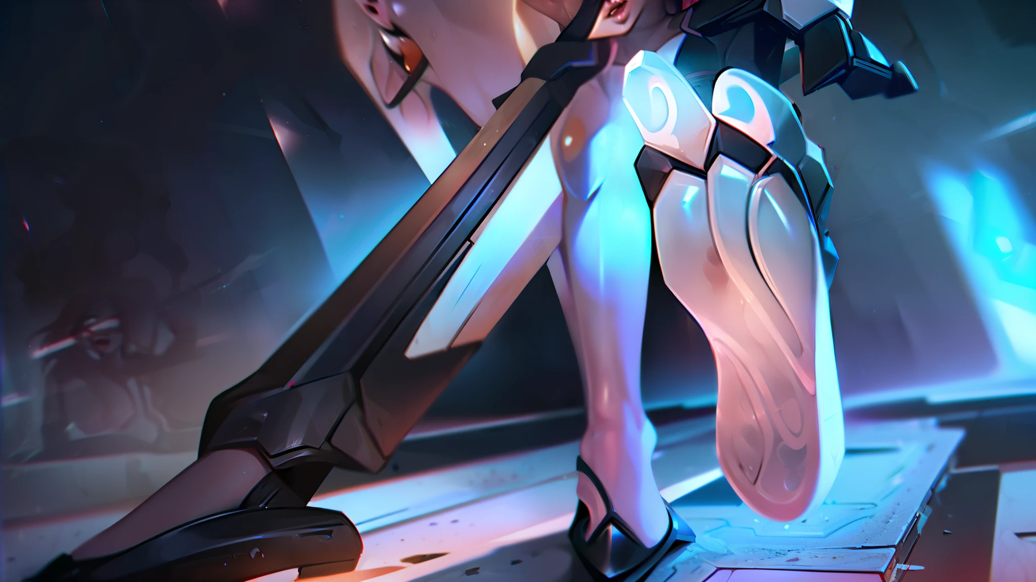 Woman in a futuristic suit standing in a futuristic city, Girl wearing mecha cyber armor, (Mechanized Valkyrie Girl), (Beautiful cyborg angel girl), Cyberpunk Girl Mecha, Unreal Engine Rendering + goddess, Cyberpunk Girl, Medium chest、smile、(top-down bottom-up), full body, high heels.open legs, show pussy, show tits 