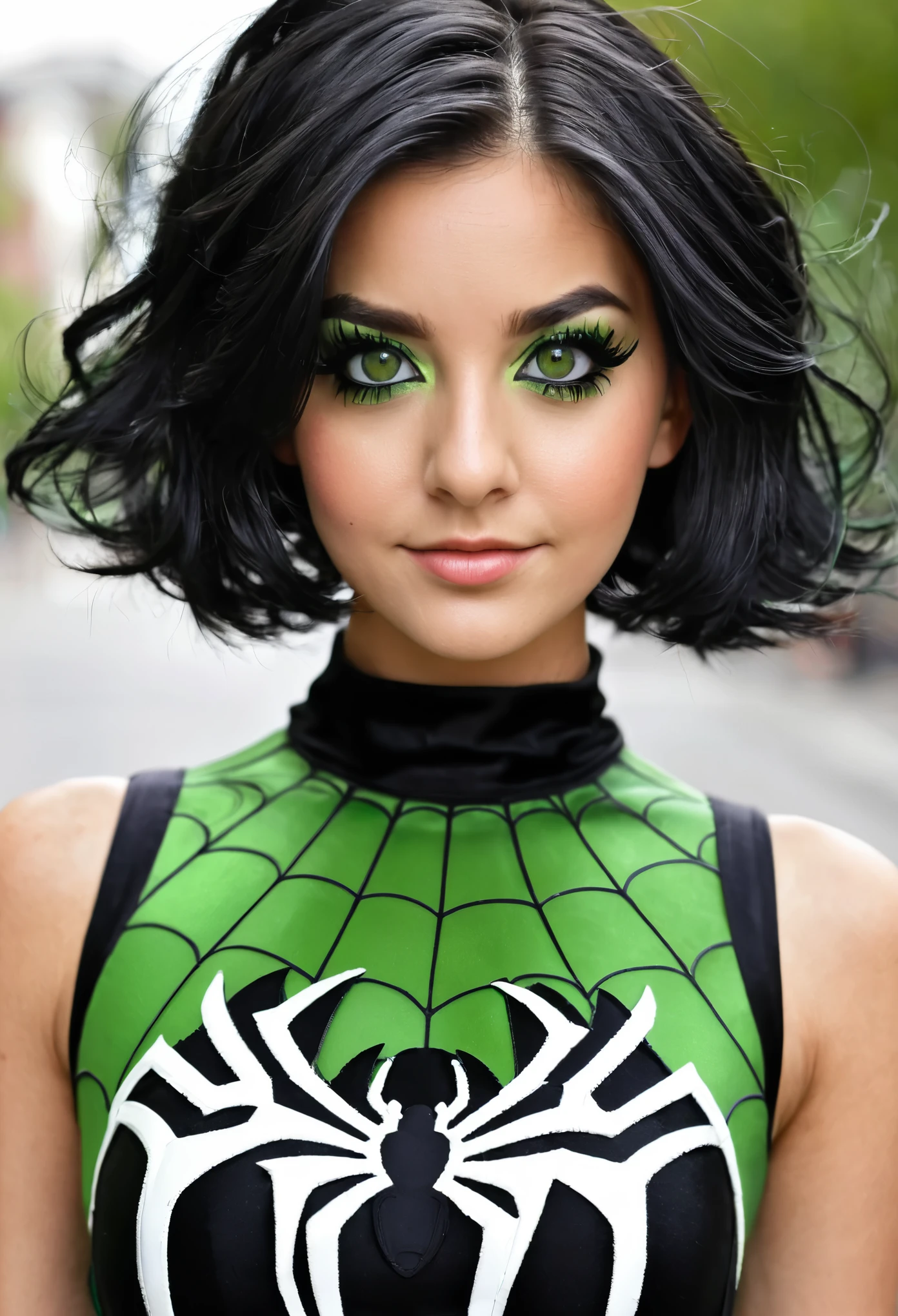 Una chica de cabello corto negro y ojos verdes con el traje de spiderman vrede y blanco
