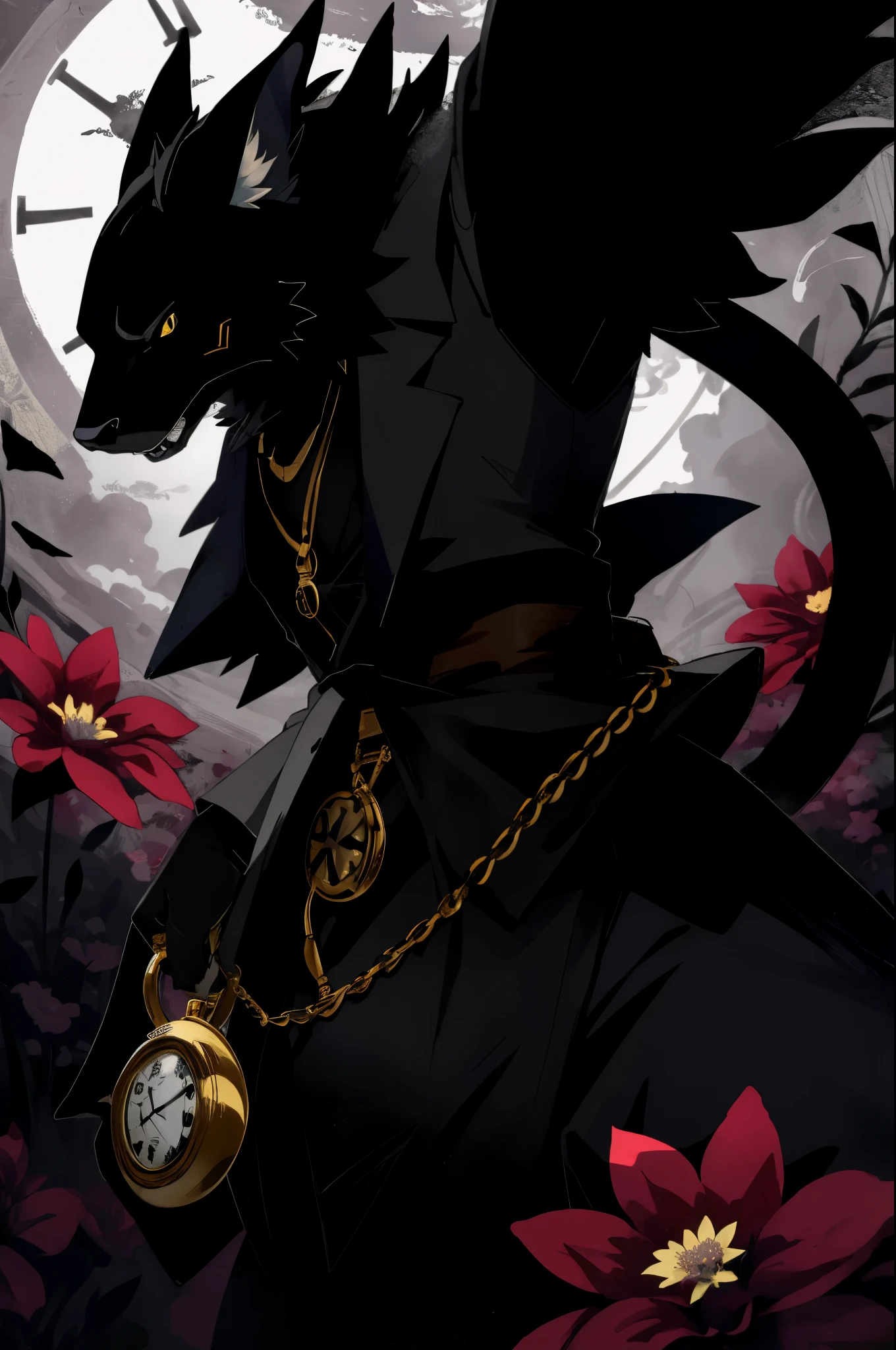 (best quality, high resolution, ultra-detailed)silhouett(kemono, furry anthro)holding striking pocket watch, surrounded by flowers, snakes and darkness, illustrative rendering, intricate details, mysterious atmosphere, vibrant colors, dynamic lighting , Gothic style,