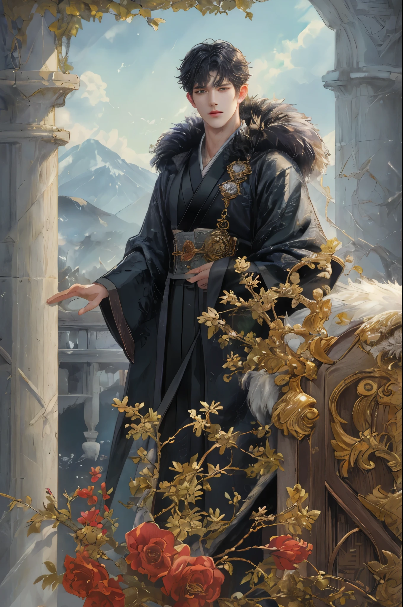 (absurdres, highres, ultra detailed, HDR), masterpiece, best quality, 1 boy , korean face, webtoon, maleficent movie, boy character ,short hair, handsome face, anime eyes,fur, detailed interior, detailed character, incubus fashion,