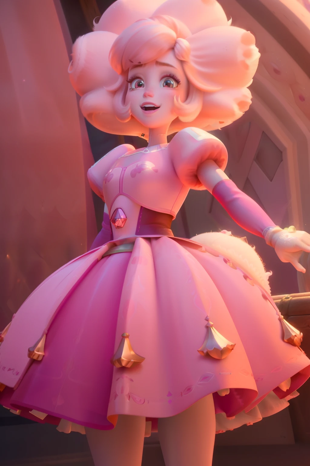 pnkdamond, pink hair, pink eyes, big hair, stomach gem, pink skin, toned,
puffy short sleeves, elbow gloves , white thighhighs, puffy dress,
standing, upper body,
outerspace,
(insanely detailed, beautiful detailed face,beautiful detailed eyes, masterpiece, best quality) cinematic lighting, smile,