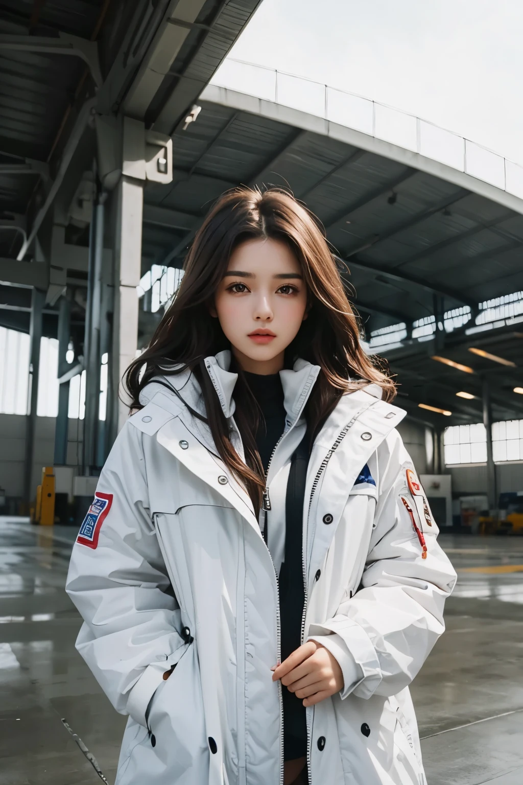 Beautiful woman. Late twenties. Dark brown hair. she is wearing a white coat. She is looking at the camera with a serious expression. She's in a huge hangar.