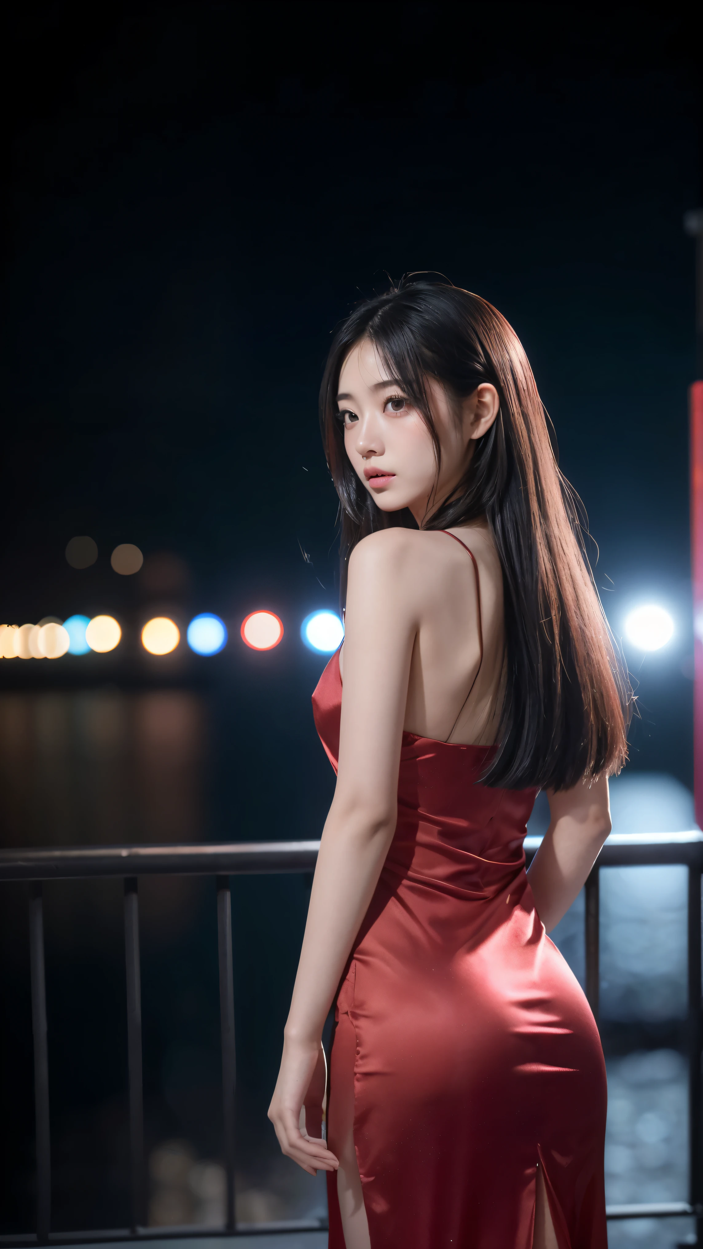 1 girl,own of,long hair,rough skin,from behind,Face focus,(looking at the audience:1.2),wet hair,darkness of,Polaroid,(depth_of_site:1.5),rain,Outdoor sports,street,hair between eyes,Moody's Lighting,Tyndall effect,Light,night,lamp post,Lens Light Halo,available Light,Edge Light,Send Lightof Neon Lights,bend of,red silk dress,korean girl,